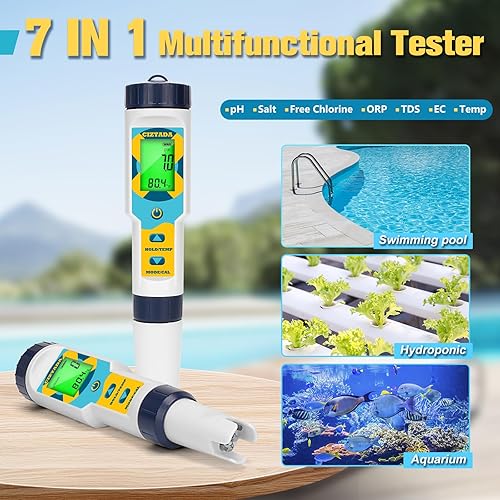 Miniatura 6 de CIZTADA Probador de piscina de agua salada Medidor de cloro libre Probador de pH y salinidad 7 en 1 Libre Cloro pH Sal ORP TDS EC Medidor de