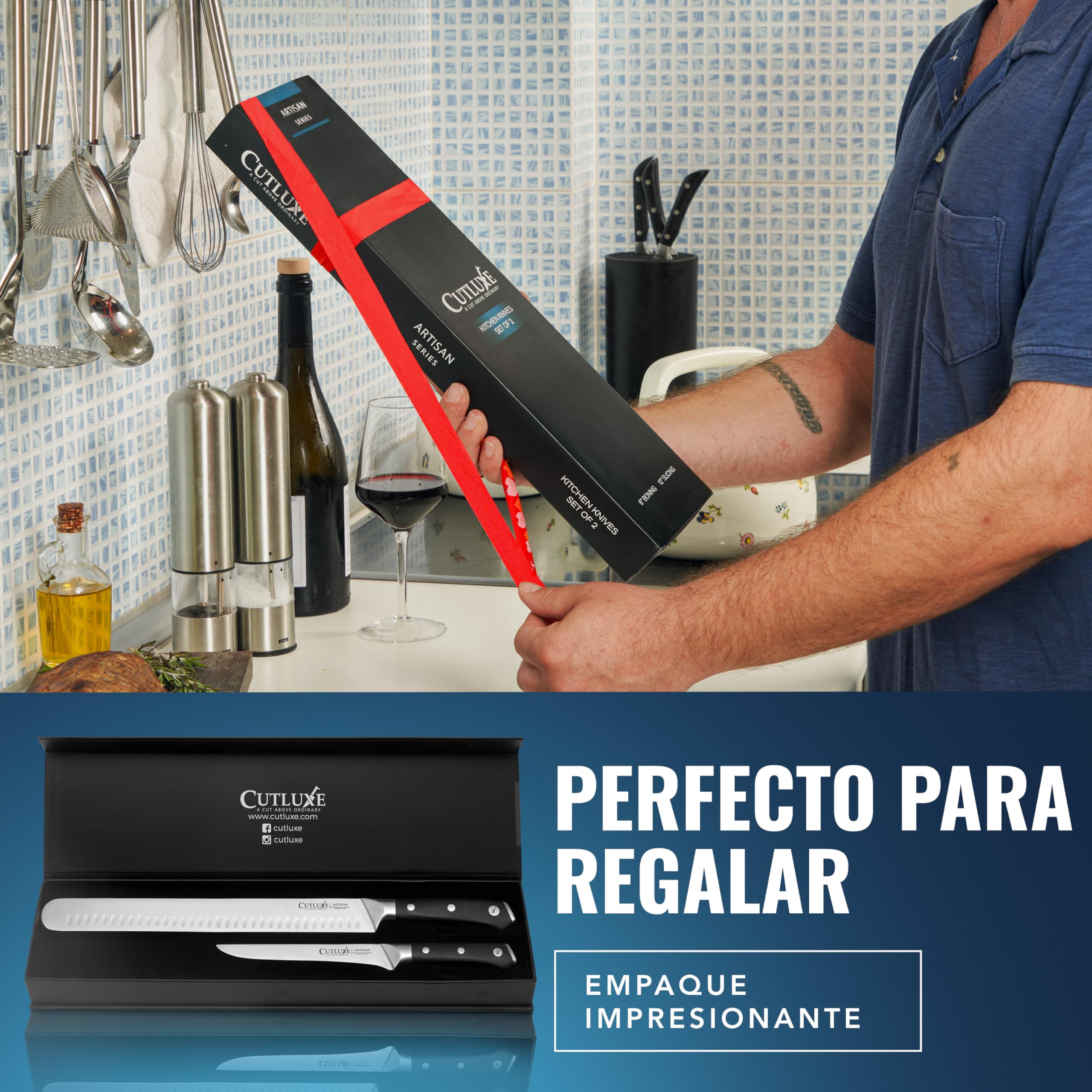 Cutluxe Set de Cuchillos Trinchar Profesional BBQ (2 piezas) - Cuchillo Jamonero Profesional de Carne Y Cuchillo Deshuesador - Cuchillos Cocina con Acero Alemán - Mango Ergonómico - Serie Artisan