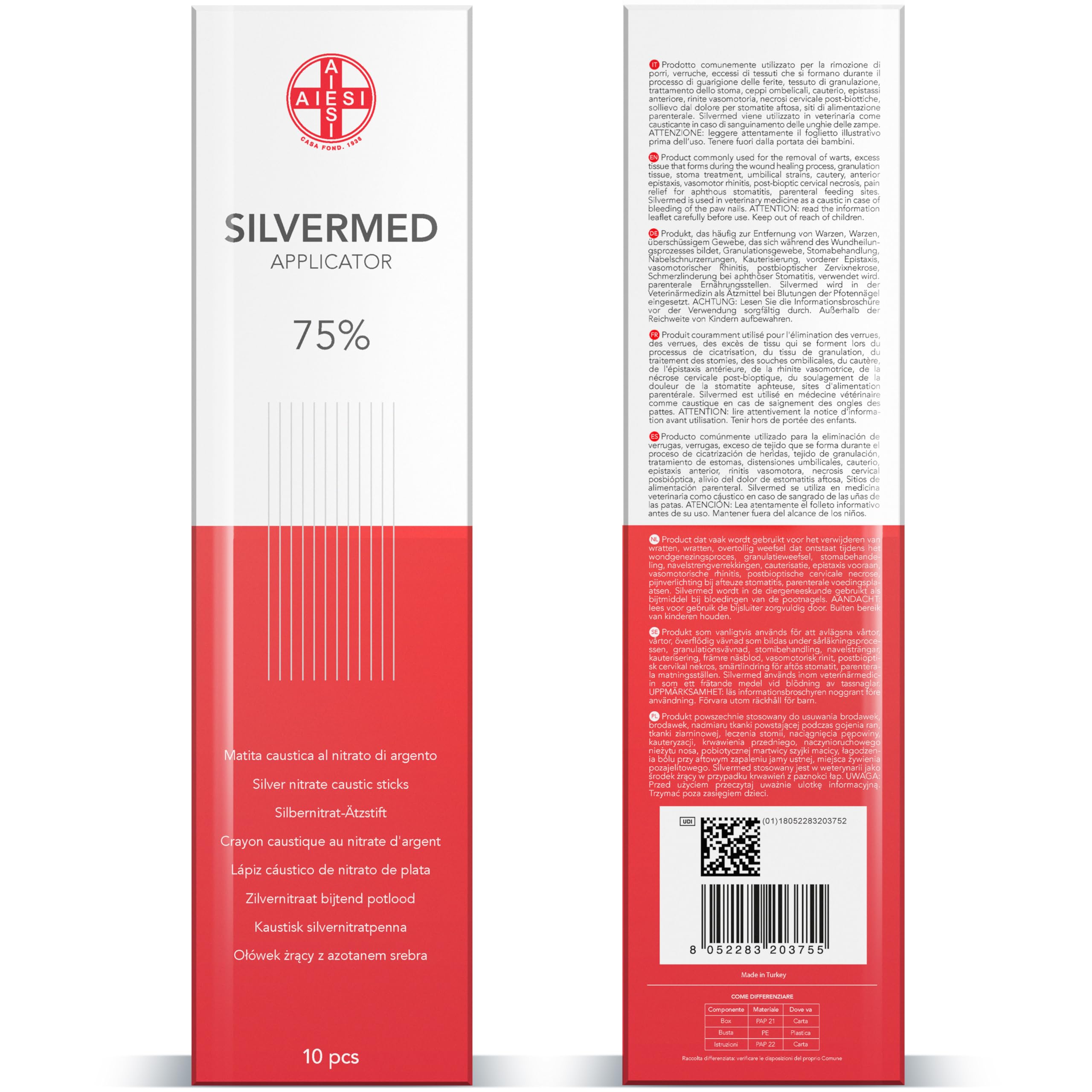 AIESI® Lápiz Cáustico de nitrato de plata al 75% para eliminar verrugas mezquinos y tejidos SILVERMED 75 (Paquete de 10 aplicadores)