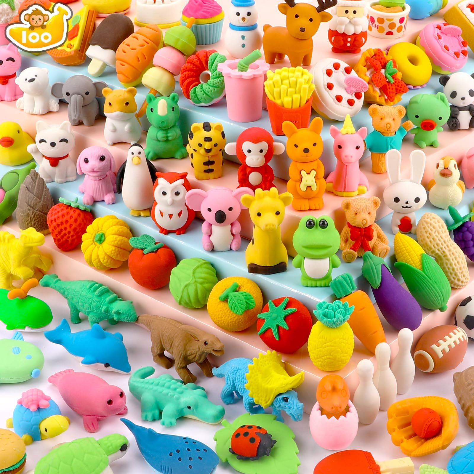 HINZER 100 Pack Animal Erasers for Kids Bulk Pull Apart 3D Puzzle Erasers Classroom Rewards and Prizes Class Treasure Box Kids Party Favors Back to School Supplies