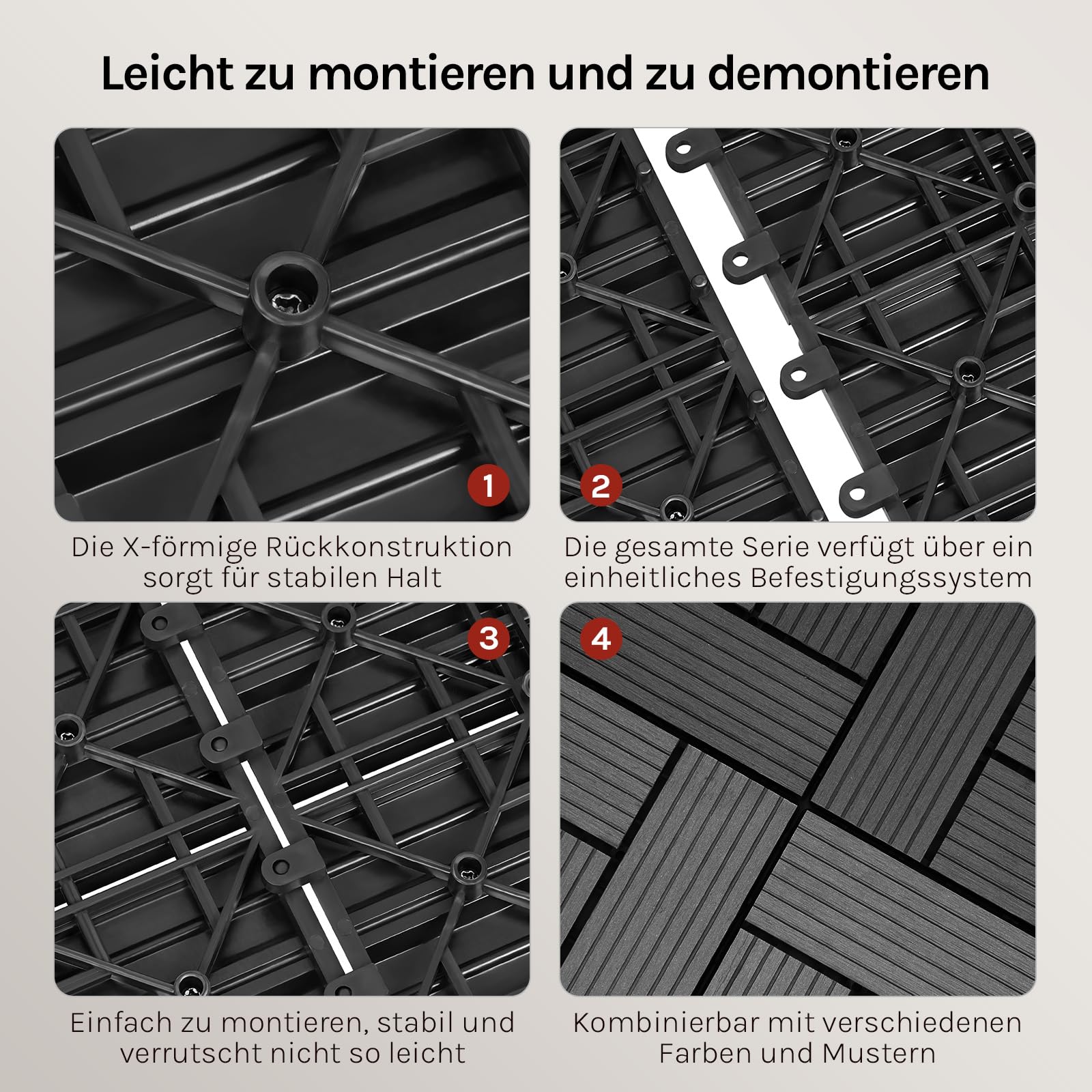 WOLTU WPC Terrassenfliesen Holzoptik, Hellgrau (22 Stück / 2 m²) | Premium WPC ohne Verwitterung, rutschhemmend, Klickverbindung ohne Werkzeug, für Garten und Terrasse nutzbar, langlebig
