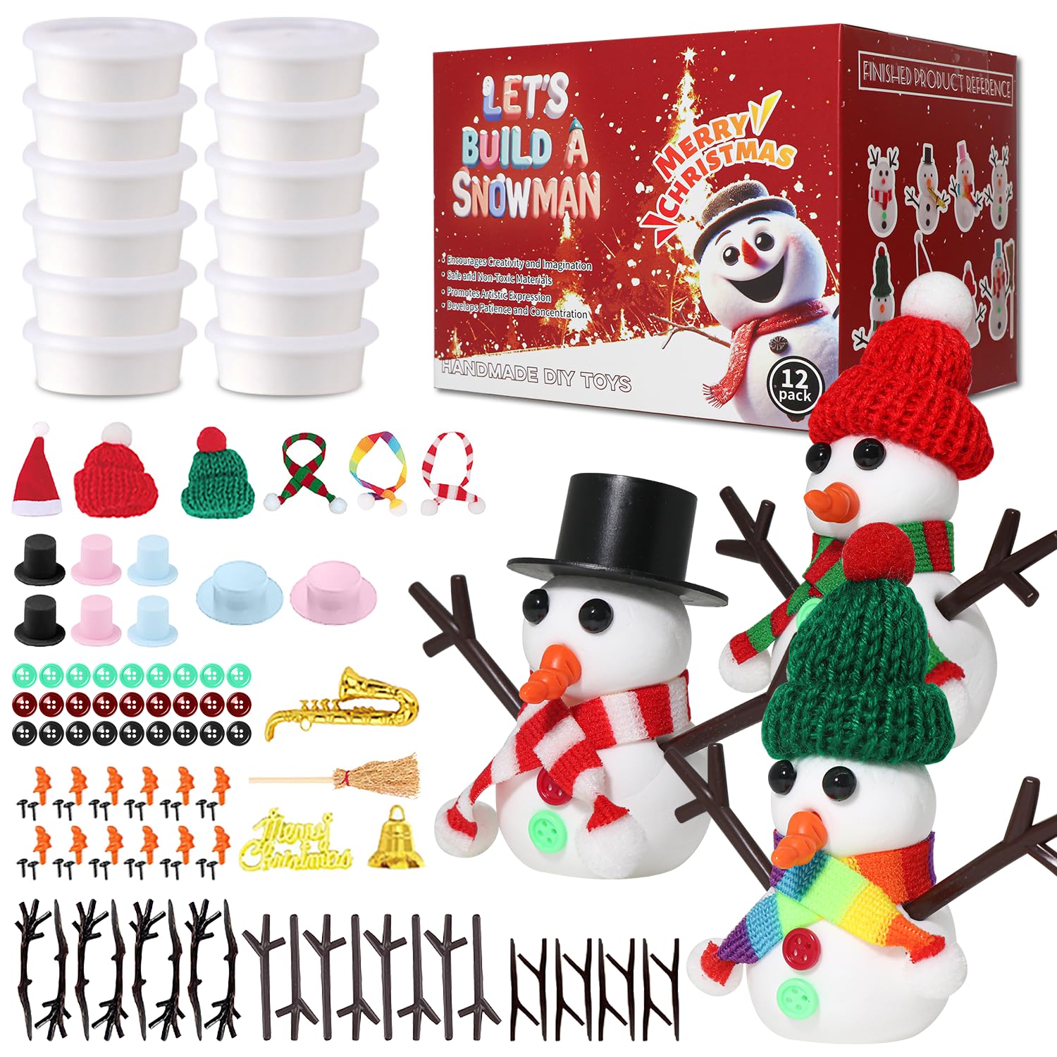 LAHAND 12-Pack Christmas Snowman Crafts Sets for Kids, Modeling Clay Snowman DIY Kit,Christmas Stocking Stuffers for Kids, Perfect for Winter