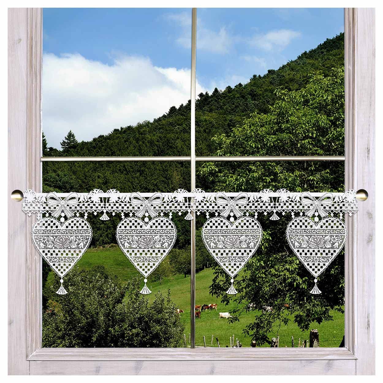 Feenhaus-Scheibenhänger Herz Annemarie Plauener Spitze in weiß-braun rustikale Kurzgardine mit Blüten im Landhaus-Stil 23 x 74 cm