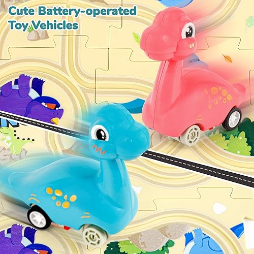 Miniatura 39 de Rompecabezas de piso de plástico para niños con 2 vehículos lindos, juego de pistas de autos para niños, juguetes Montessori para niños de 3, 4, 5