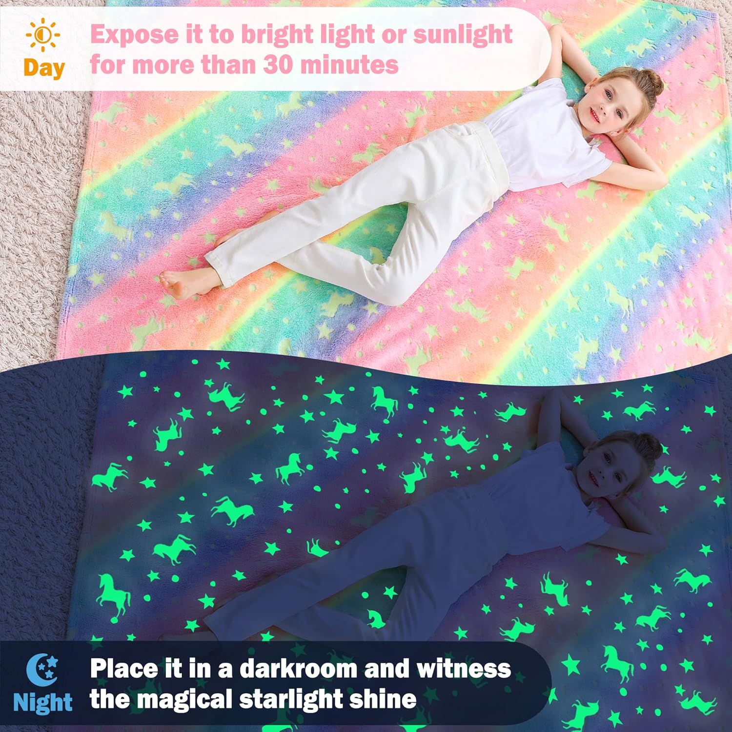 Softan Kids Unicorns Throw Blanket Glow in The Dark, Kids Blanket Gifts for Girls & Boys, Soft Cozy Flannel Luminous Unicorns Blanket for Sofa Couch Bed, Christmas Birthday Gift, 50x60IN - Image 2