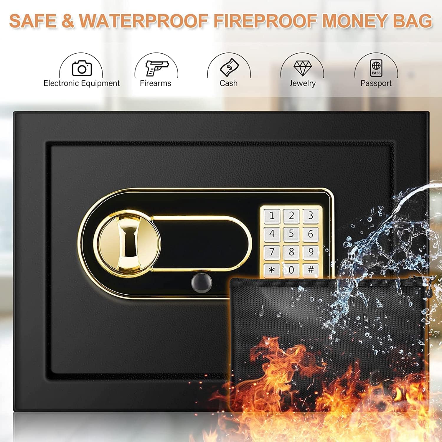 0.8 Cub Home Safe Fireproof Waterproof, Fireproof Safe with Fireproof Money Bag, Digital Keypad Key and Emergency Battery Box, Security Safe Box for Pistols Money Jewellery Documents Medicines