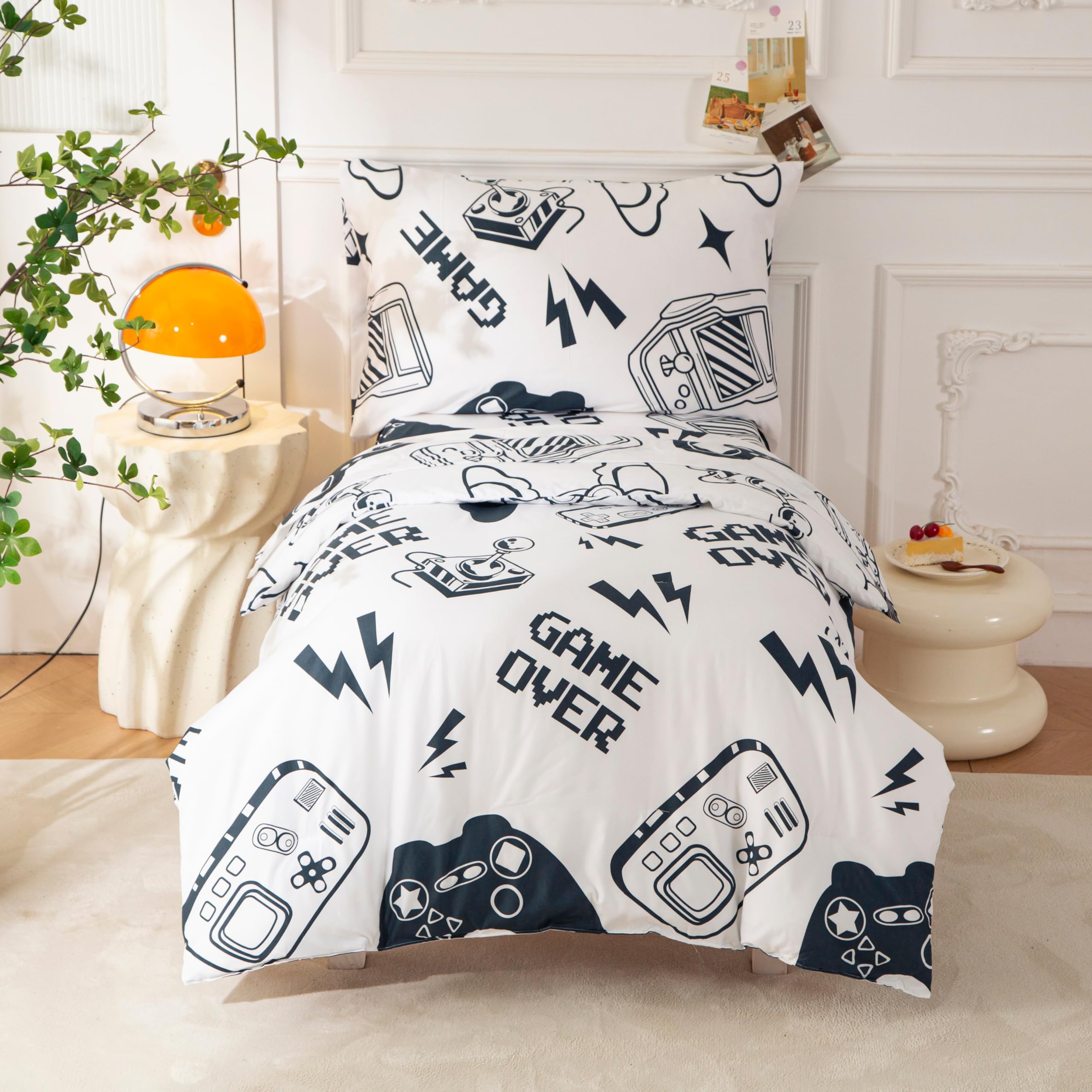 SDIII 4 Piece Gamer Toddler Bedding Set, Soft Microfiber Gaming Toddler Bedding Sets for Boys with Comforter, Fitted Sheet, Flat Sheet and Pillowcase