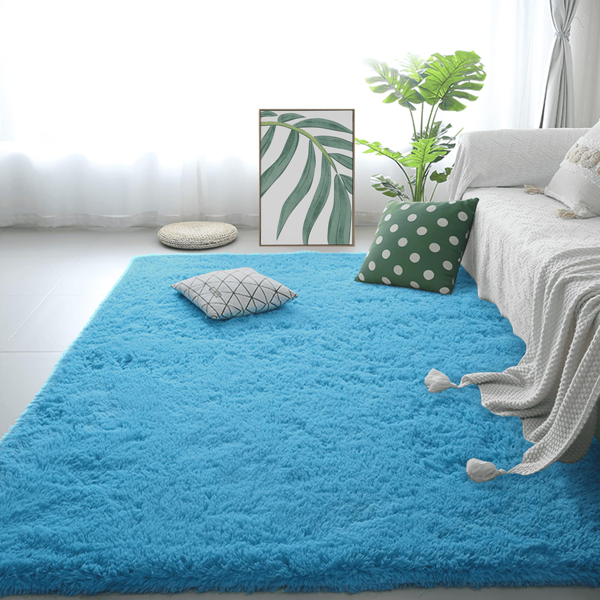 Tapis ultra doux bleu 130x160 cm de salon en peluche haute densité