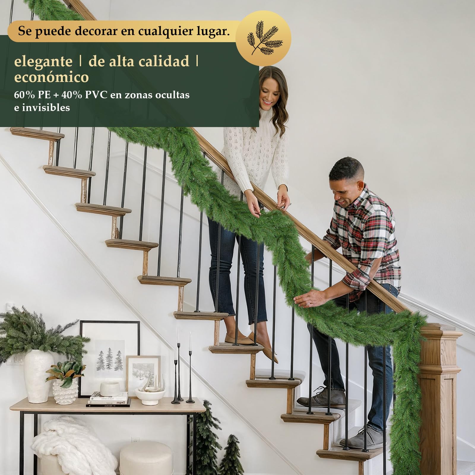 SALCAR DIY Guirnalda de Navidad Verde 5m PE + PVC | Decoración versátil para Interiores y Exteriores | Ideal para Puertas, escaleras, mesas y Eventos Festivos