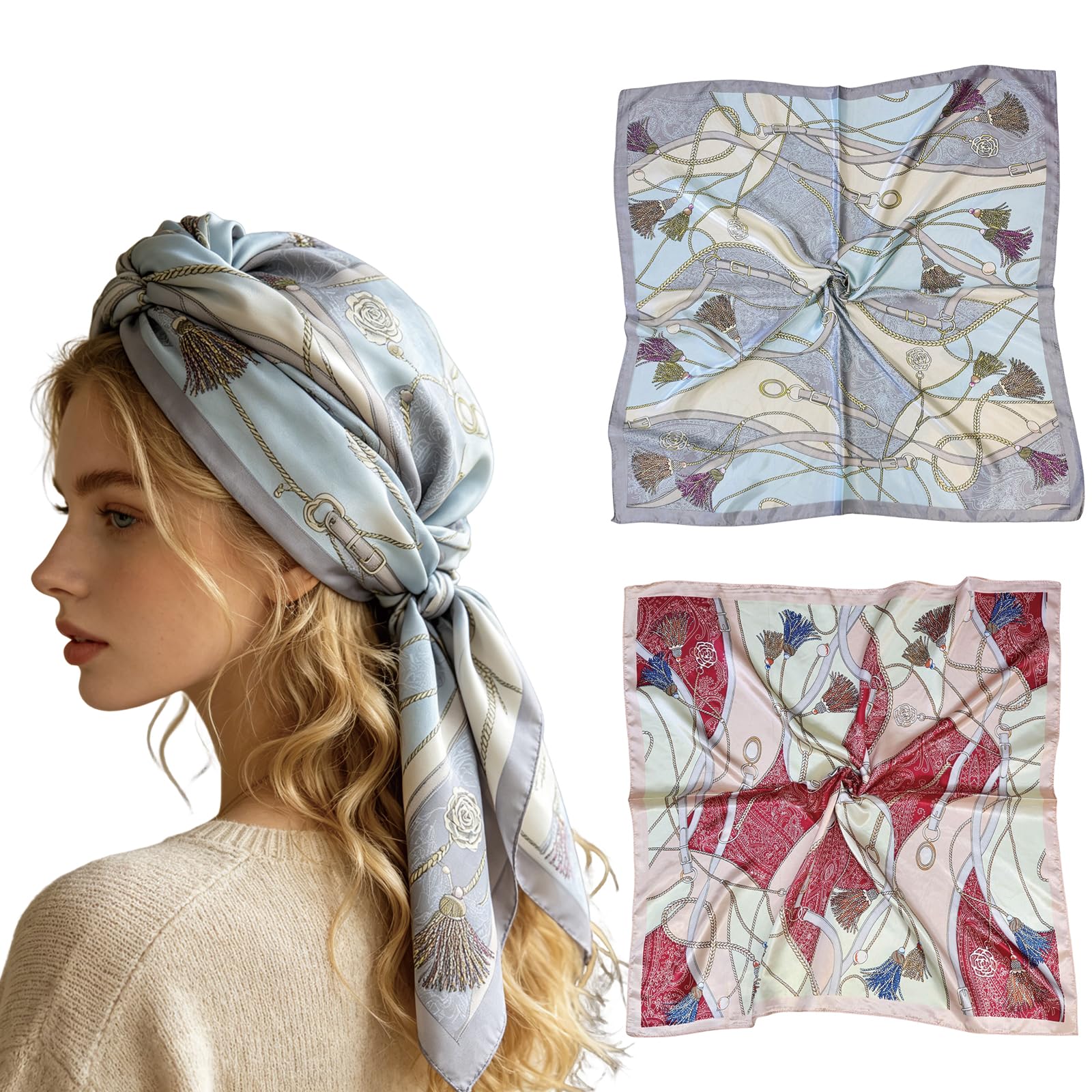 srkspyfd Bandanas for Women Stylish Scarf Set, 2PCS Head and Neck Scarves for Daily Wear and Travel Accessories, Hair Scarves with Satin Finish for Handbag Decor-picture-27