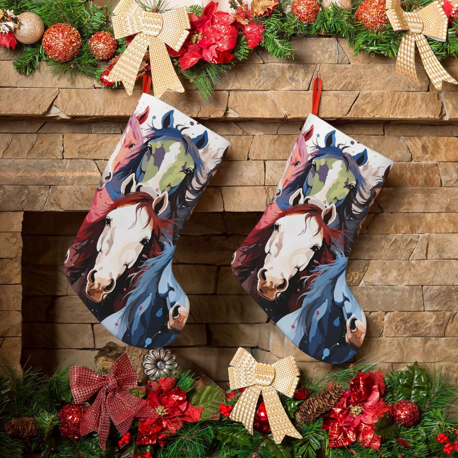 Colourful Cartoon Horses Christmas Stockings 18 Inches Velvet Xmas Fireplace Hanging Stocking Rustic Christmas Santa Stockings for Home Christmas Decorations Party Favor Supplies