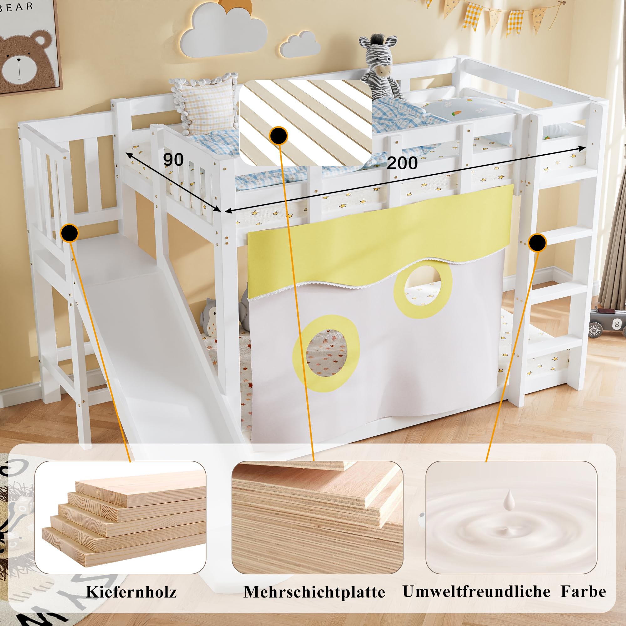 Łóżko piętrowe 90 x 200 cm, z litego drewna, ze zjeżdżalnią na schody, zasłoną i ochroną przed wypadnięciem, może być używane jako łóżko młodzieżowe w kolorze białym oraz absolutnie idealne jako