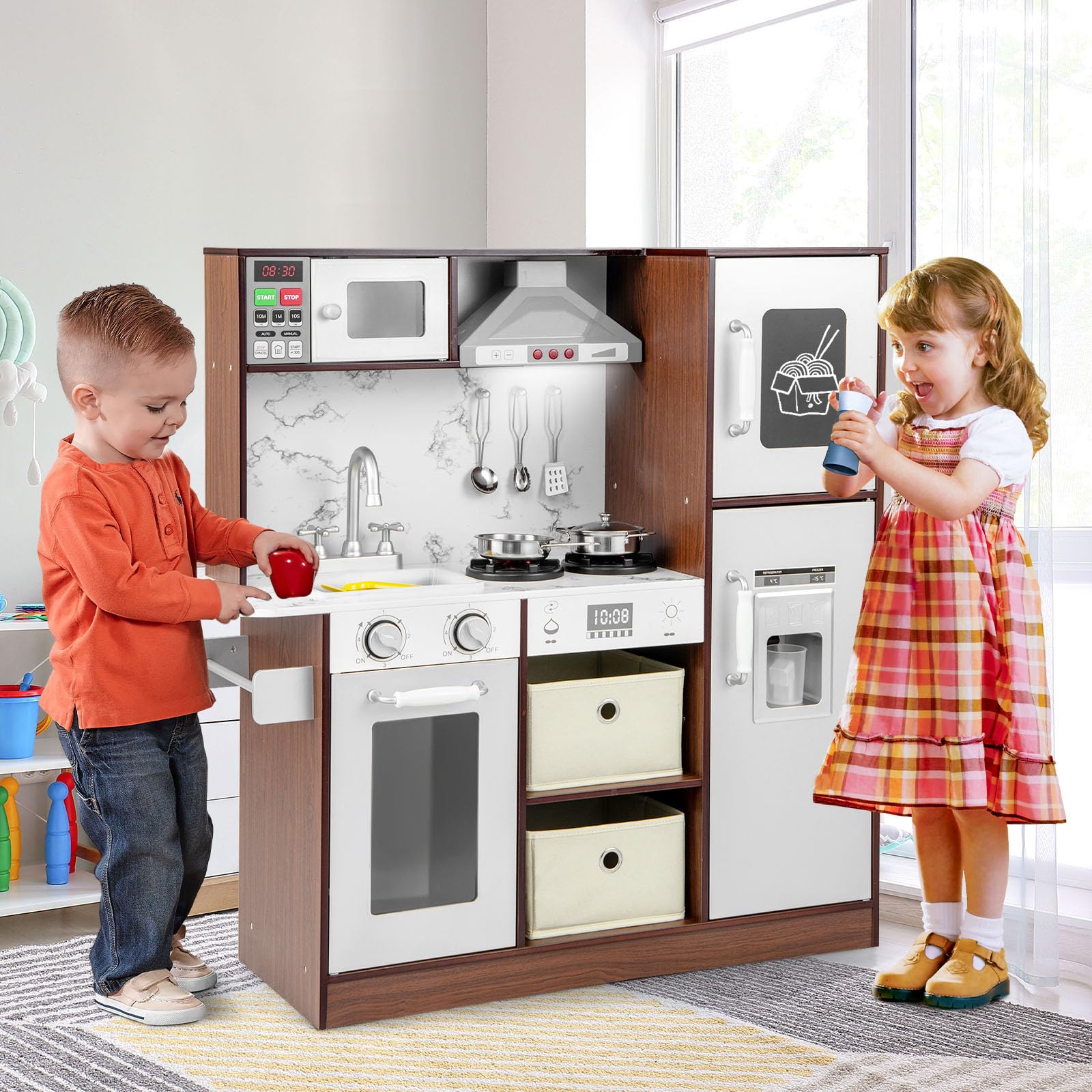 DREAMADE Kinderküche mit Licht und Sound, Kinder Küche aus Holz mit Tafel Herd Dunstabzugshaube Spüle Backofen, Spielküche mit 17 TLG. Zubehör für Kinder ab 3 Jahren