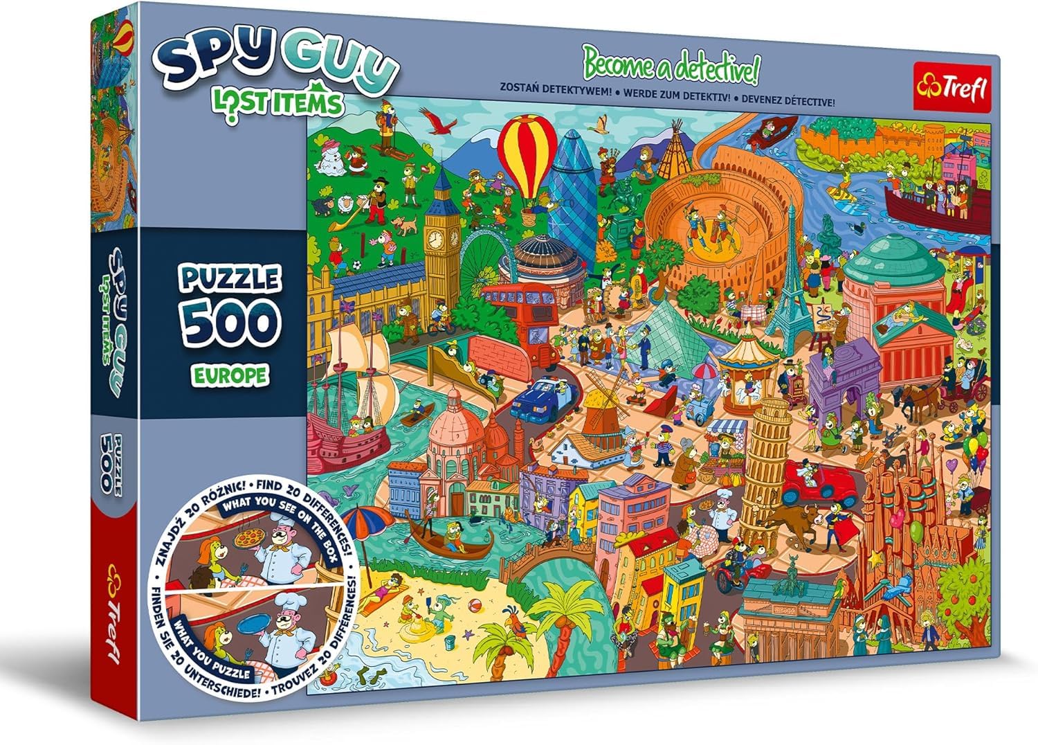 Trefl - Spy Guy Lost Items Puzzle: Europe - 500 Pieces, Become a Detective and Find 20 Differences, Lost Items, Creative Fun for Adults and Children from 10 Years