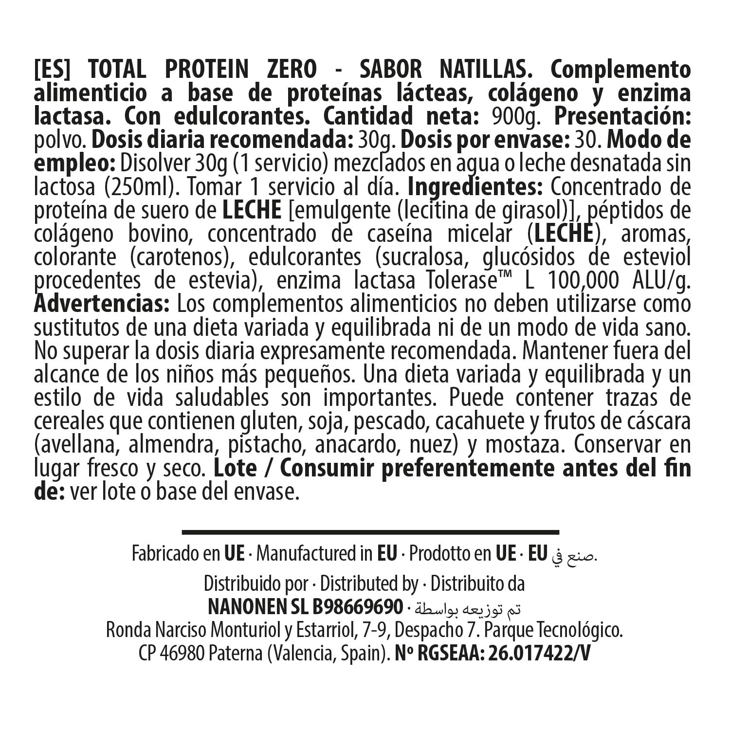 BIG Total Protein Zero Proteína Whey Caseína Colágeno Natillas 900g