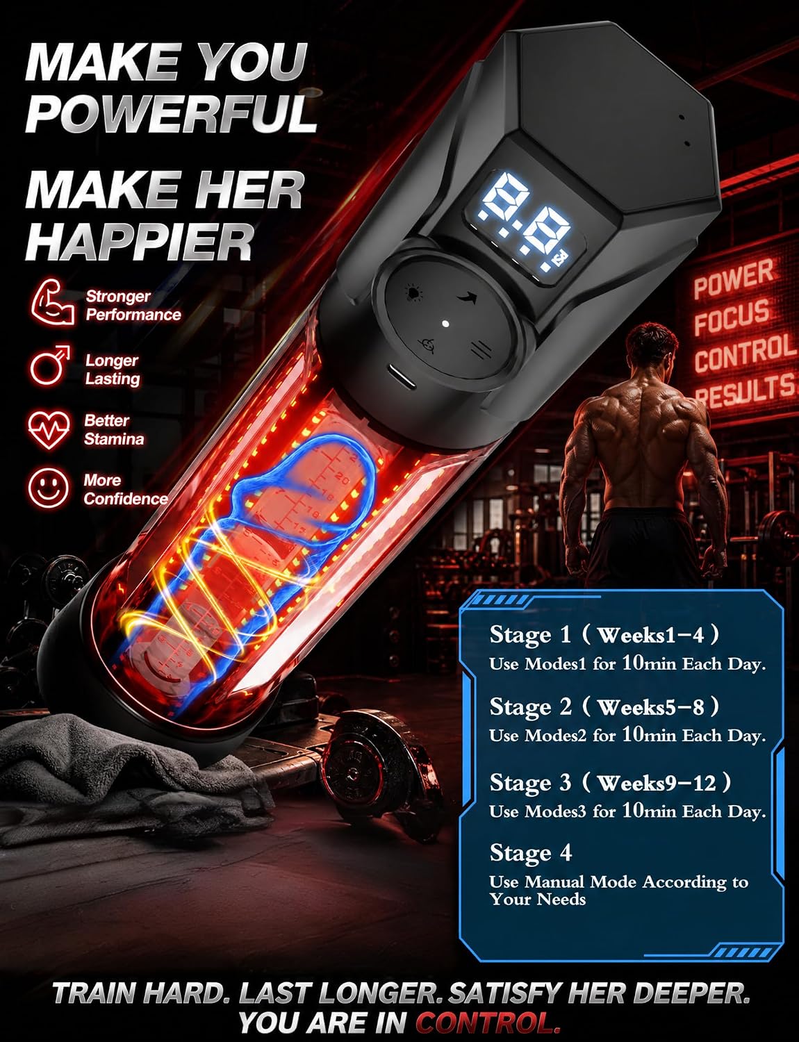 Electric Red Light Vacuum Penis Pump Enlarge Training Upgraded 72 LEDs | 4 Modes And One-Button Release For Safe Stamina Training, Smart Digital Pressure Display Type-C, Detachable Easy Clean