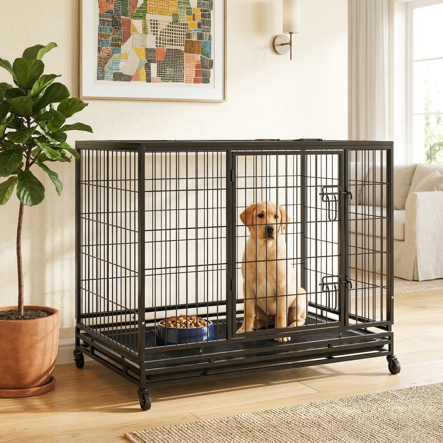 Dog Crate Cage for Large Dogs Heavy Duty 48/42/36Inches Dog Kennel Pet Playpen for Training Indoor Outdoor with Plastic Tray Double Doors & Locks Design (42")