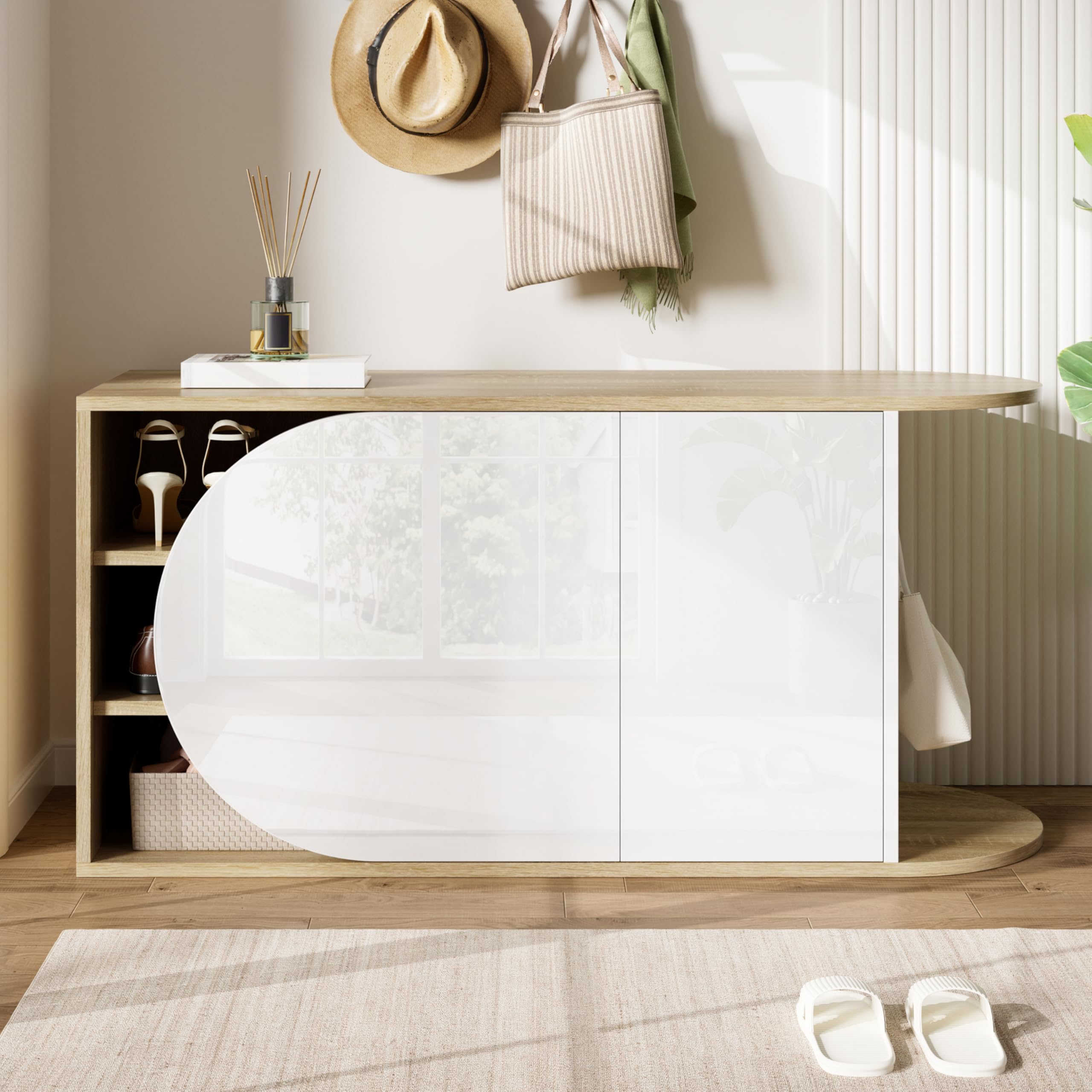 ModernLuxe Meuble à Chaussures avec Banc 2 Portes, Rangement, Blanc et Bois
