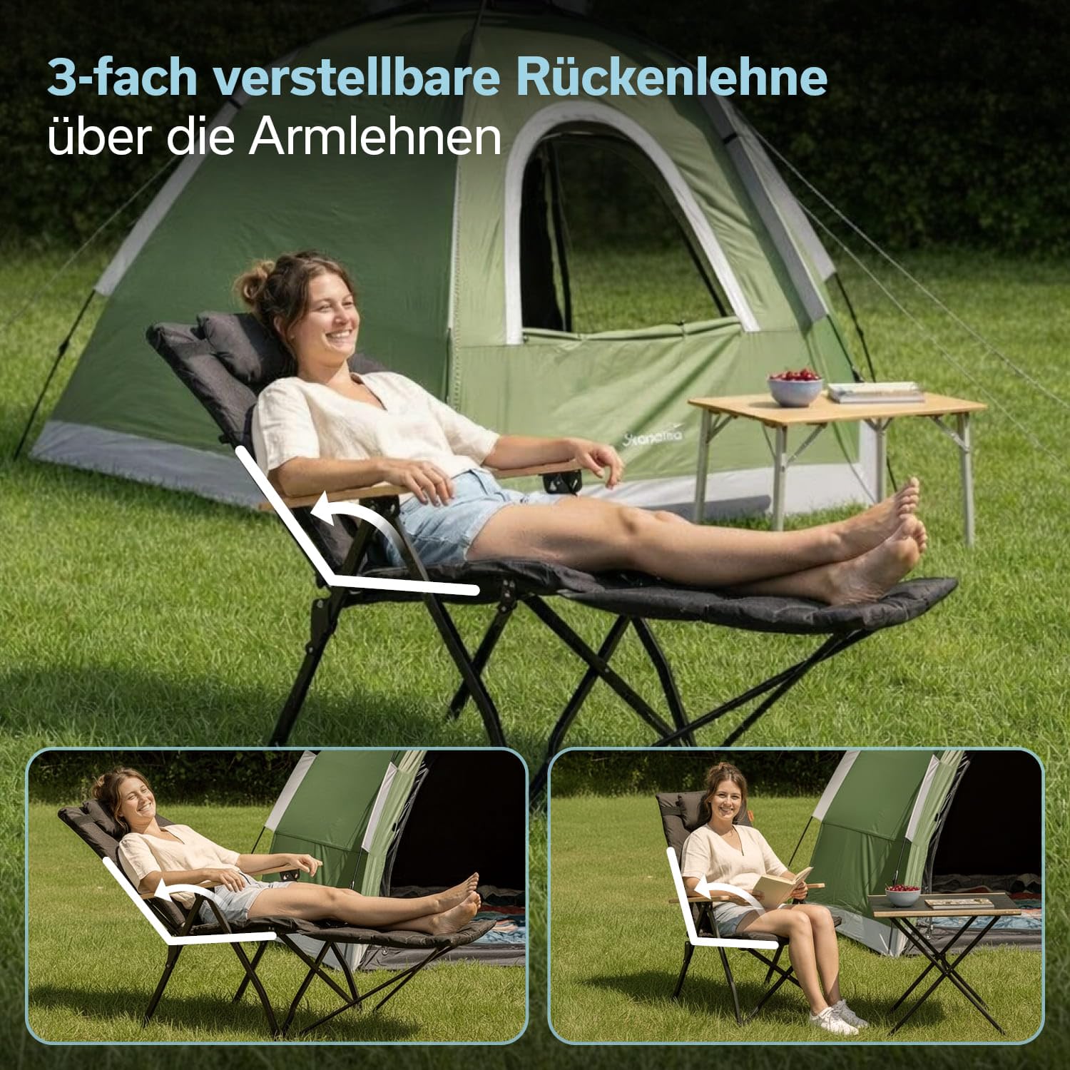 Skandika Campingstuhl Nojata Plus | Hochlehner faltbar, mit Fußablage & Kissen, 3-Fach verstellbare Rückenlehne, 120 kg belastbar | Stuhl klappbar, Klappstuhl für Camping, Garten, Festival, Balkon