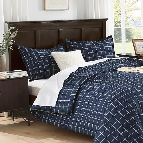 Miniatura 5 de Andency Juego de edredón de cuadrícula azul marino, tamaño King (104 x 90 pulgadas), 3 piezas (1 edredón de rejilla y 2 fundas de almohada), edredón