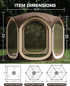 Screen Pop Up House Room Tent, Canopy Sun Shade Shelter for Camping, Patio, Backyard, Deck & Outdoor Activities, Portable Gazebo, Not Waterproof, 10'x10', Brown