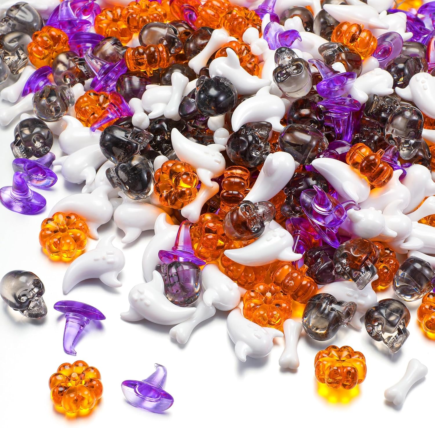 480 Pcs Mini Acrylic Pumpkin Small Witch Hats Skull Head Skeleton Bones Cute Ghost Ornaments Mini Acrylic Halloween Party Vase Filler Bones Crafts Skeleton Costume Pirate Cave Tomb Treasure Decor