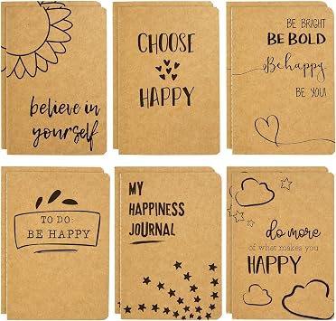 12 Pack Notebooks, A6 Kraft Paper Happy Journal for Kids, Teens, Students, 80 Lined Pages, 6 Designs 10x15cm