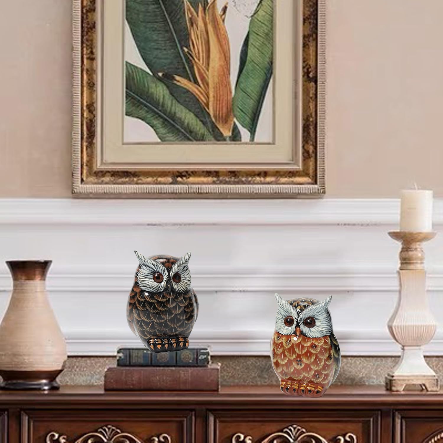 Hand-Painted Owl Sculpture Set for Home Decoration - Realistic Tabletop and Bookshelf Decor, Good Luck Nature-Themed Gift for Owl Lovers