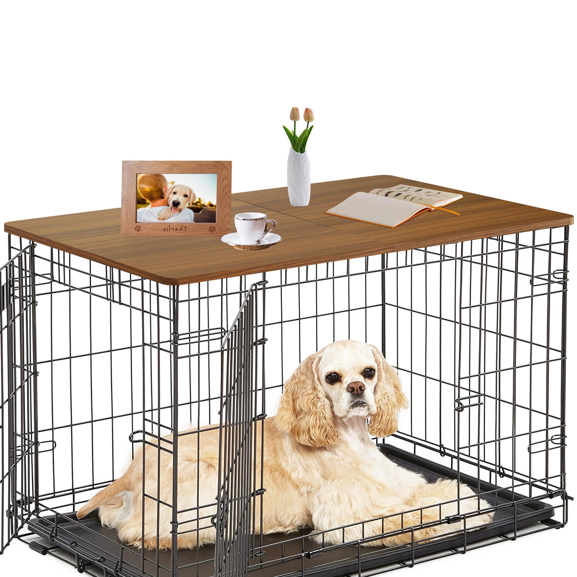 HiCaptain Foldable Dog Crate Topper 36 inch, Wood Dog Kennel Table Topper, Durable Decorative Dog Crate Table Topper for Small and Large Dogs Rustic Style