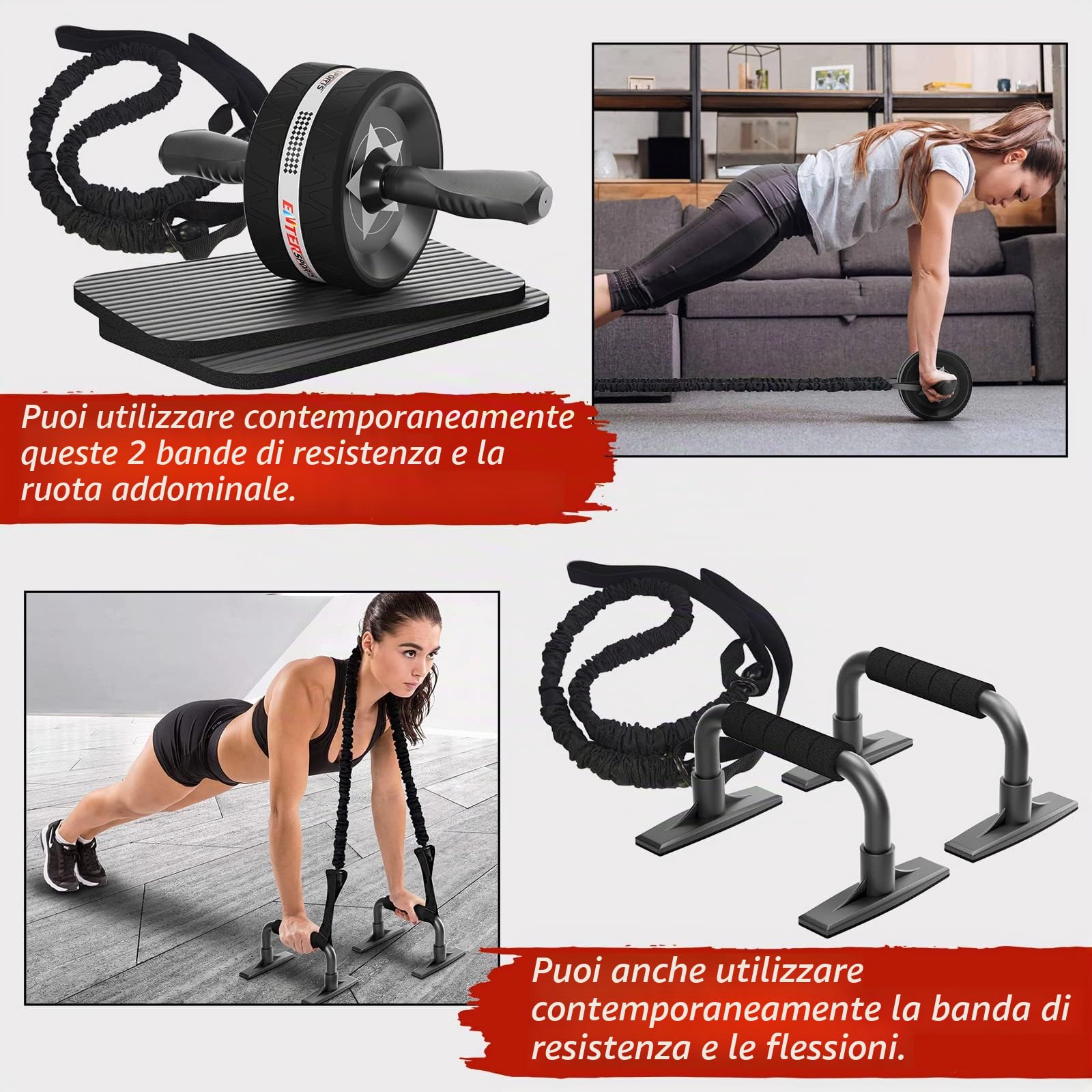 EnterSports Set per addominali, 6 in 1 con fascia per fitness, flessioni, tappetino per ginocchia, attrezzo fitness per addominali, ideale per uomini e donne per allenarsi a casa