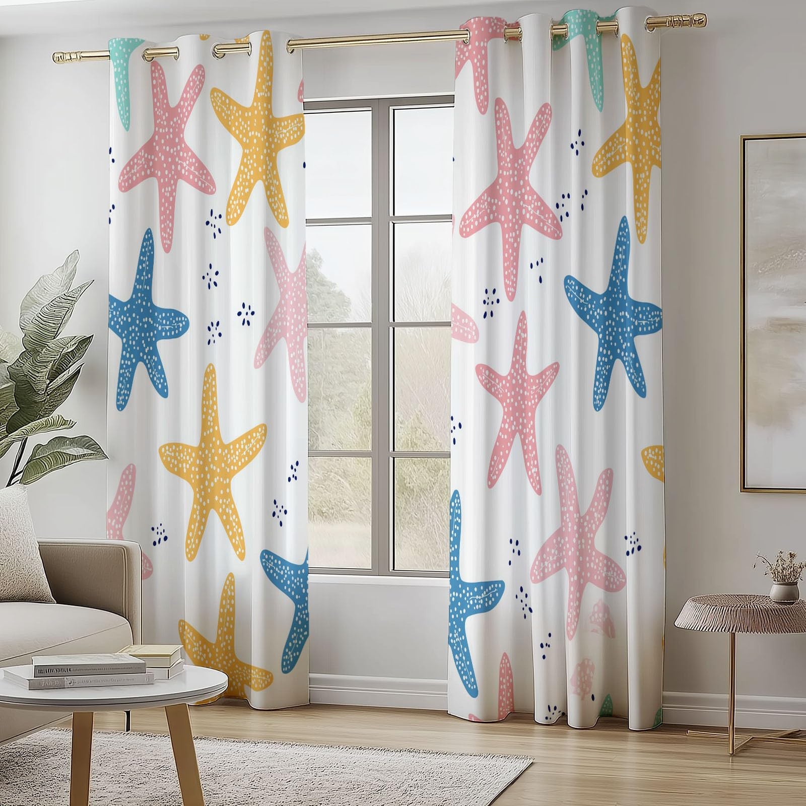 Blackout Curtains Bedroom Simple Style Starfish Pattern, Geo-Thermal Insulated Energy Efficiency Window Treatment Sets Privacy Grommet Drapes for Kids Room 52