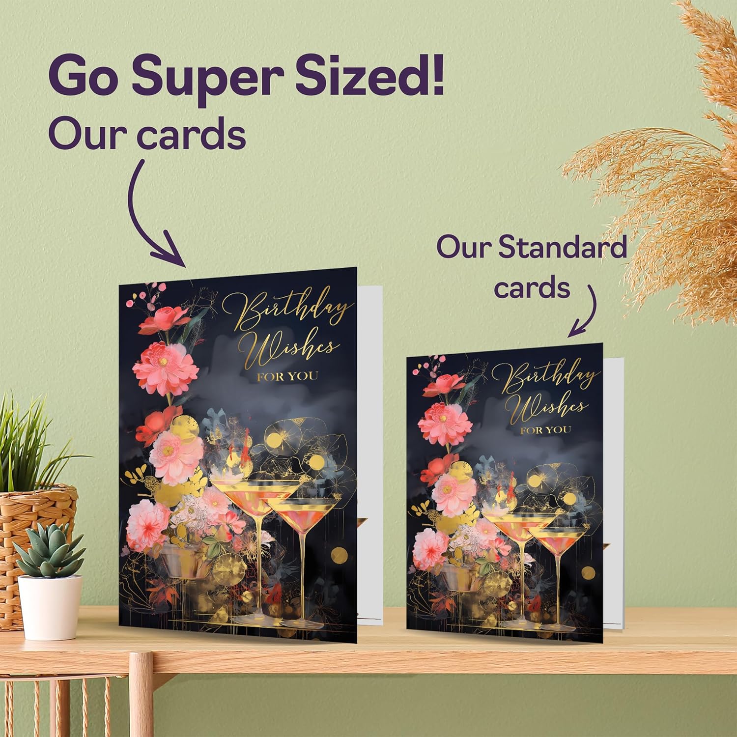 Beautiful Gold Birthday Cards for Women Men - Wonderful Golden Cocktails - Elegant Traditional Pretty Birthday Card for Family Friends Her Him, 5x7 Inch Gorgeous Greeting Cards Gift