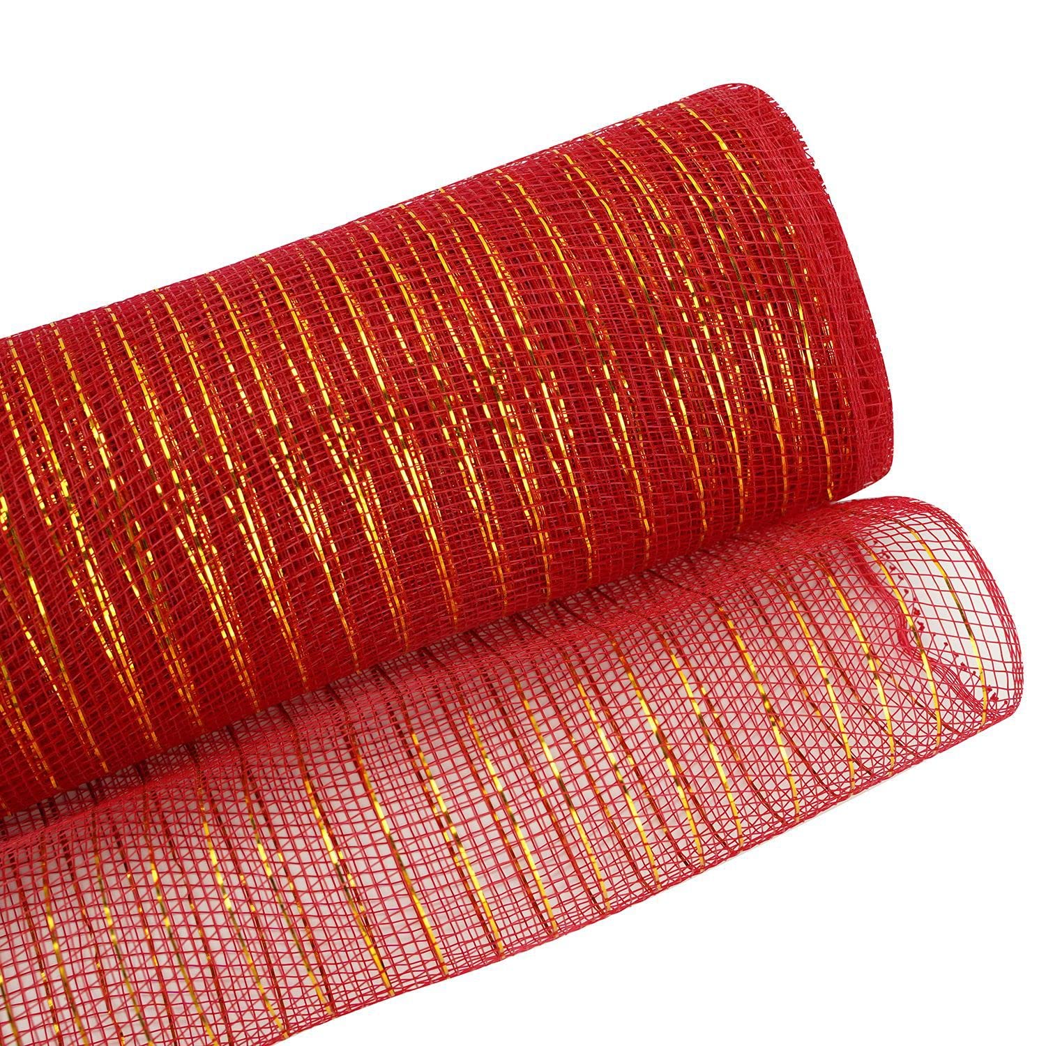 Yalulu Metallic Mesh Ribbon, 10 Inches x 10 Yards Foil Mesh Ribbon Deco Mesh Rolls for Wreaths Swags, Craft Home Decoration (Red-Gold)