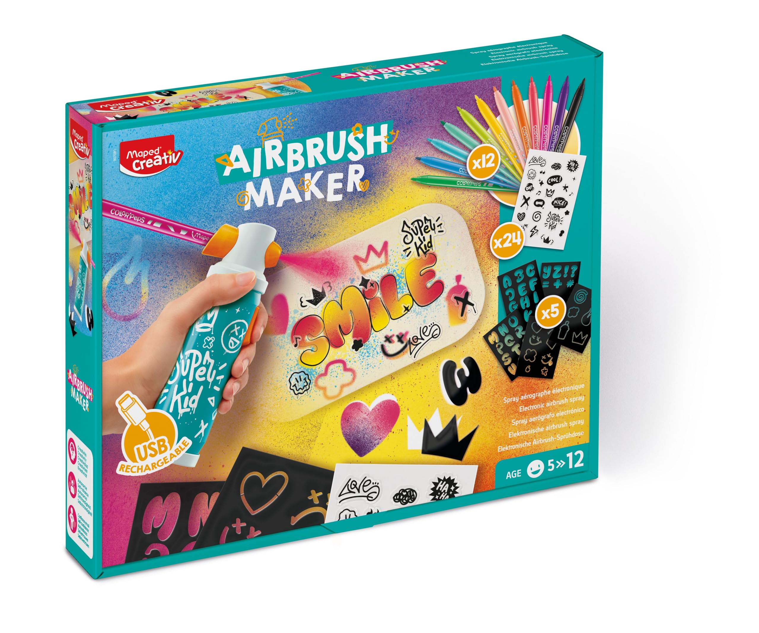 Maped Creativ Airbrush Maker - Bomboletta aerografo per bambini per creare effetti incredibili - Attività Graffiti - Trasforma i tuoi feltri in spray elettronico - Kit per il tempo libero creativo