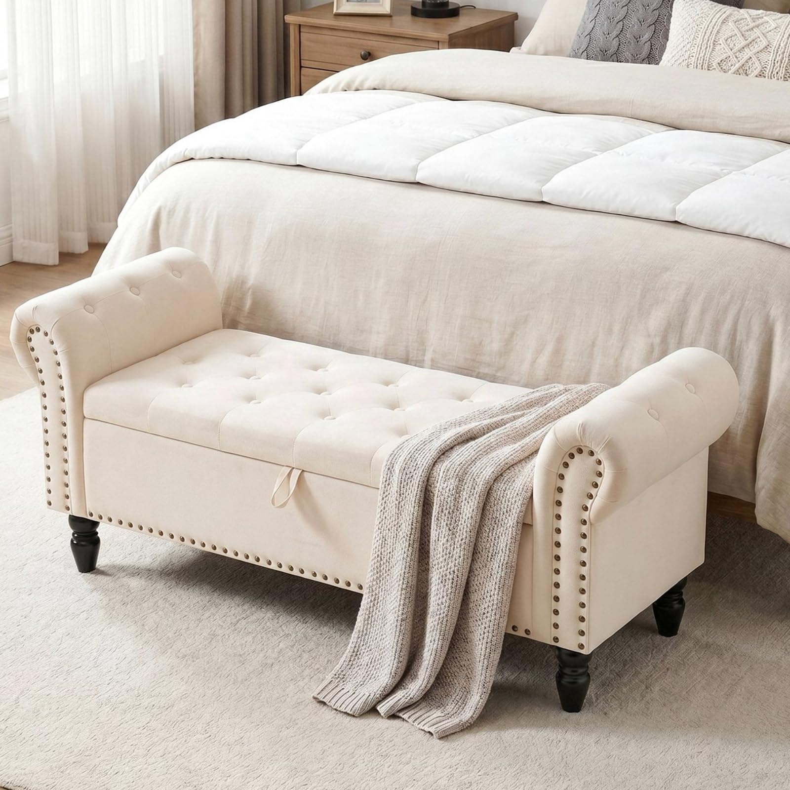 Clevich Sitzbank mit Stauraum 133cm, Samtmaterial, Umdrehen Mit Booster-Gasstange, Fußstütze mit stabilen Holzbeinen, Sofabank fur Flur, Schlafzimmer, Wohnzimmer, 133x53x46 cm, Beige
