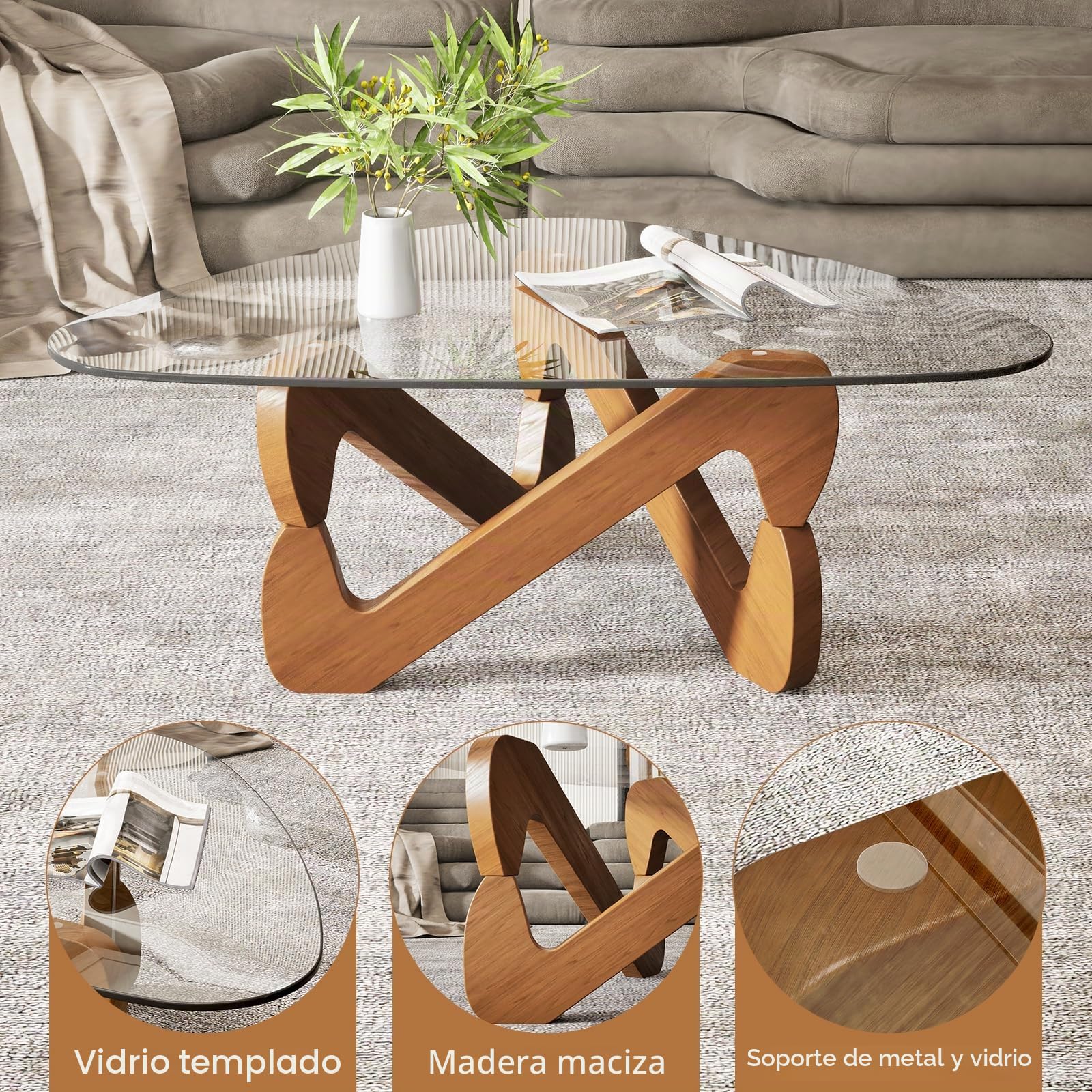 TWSOUL Mesa de Centro Triangular de Vidrio Templado de 82 cm con Base de Madera, Mesa Moderna de salón Elegante para Sala de Estar (Transparente)