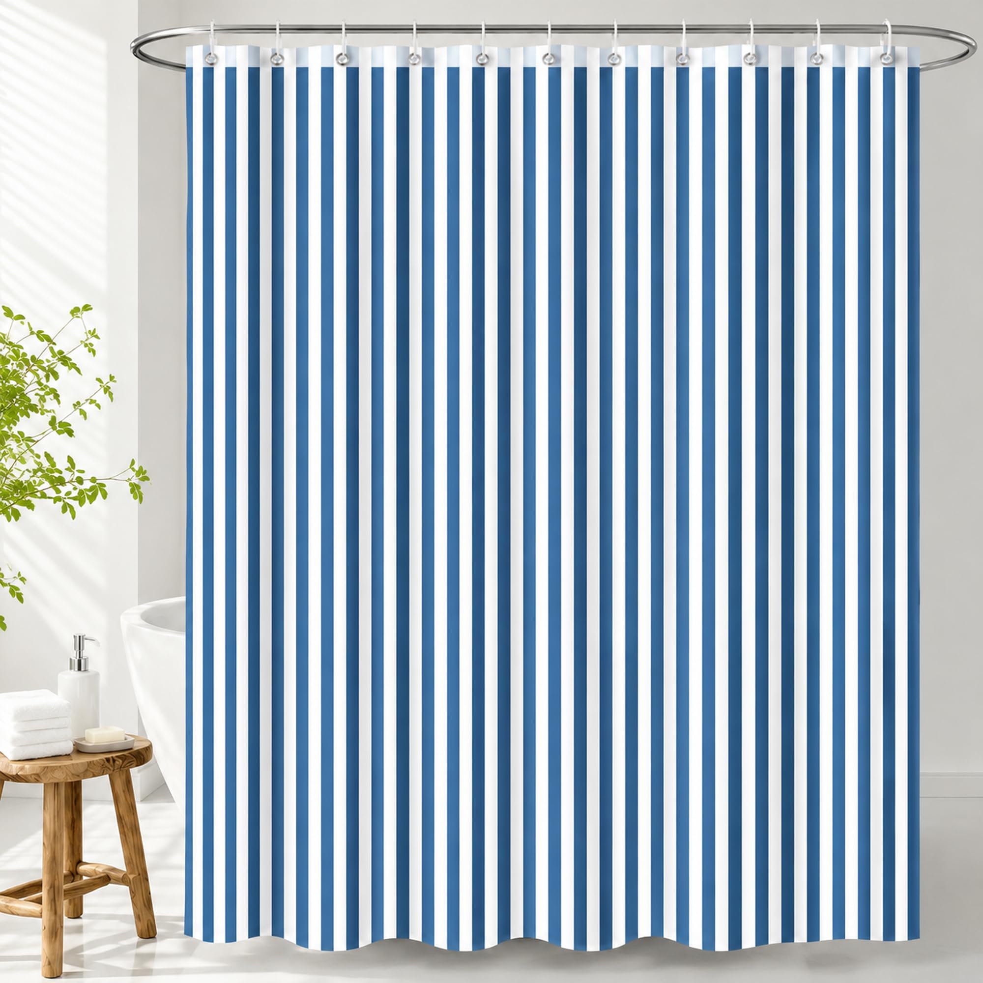 Hopomoon Blue and White Striped Shower Curtain,Vintage Blue Vertical Striped Geometric Waterproof Polyester Fabric Bath Curtain with 12 Hooks 72 x 72 inch