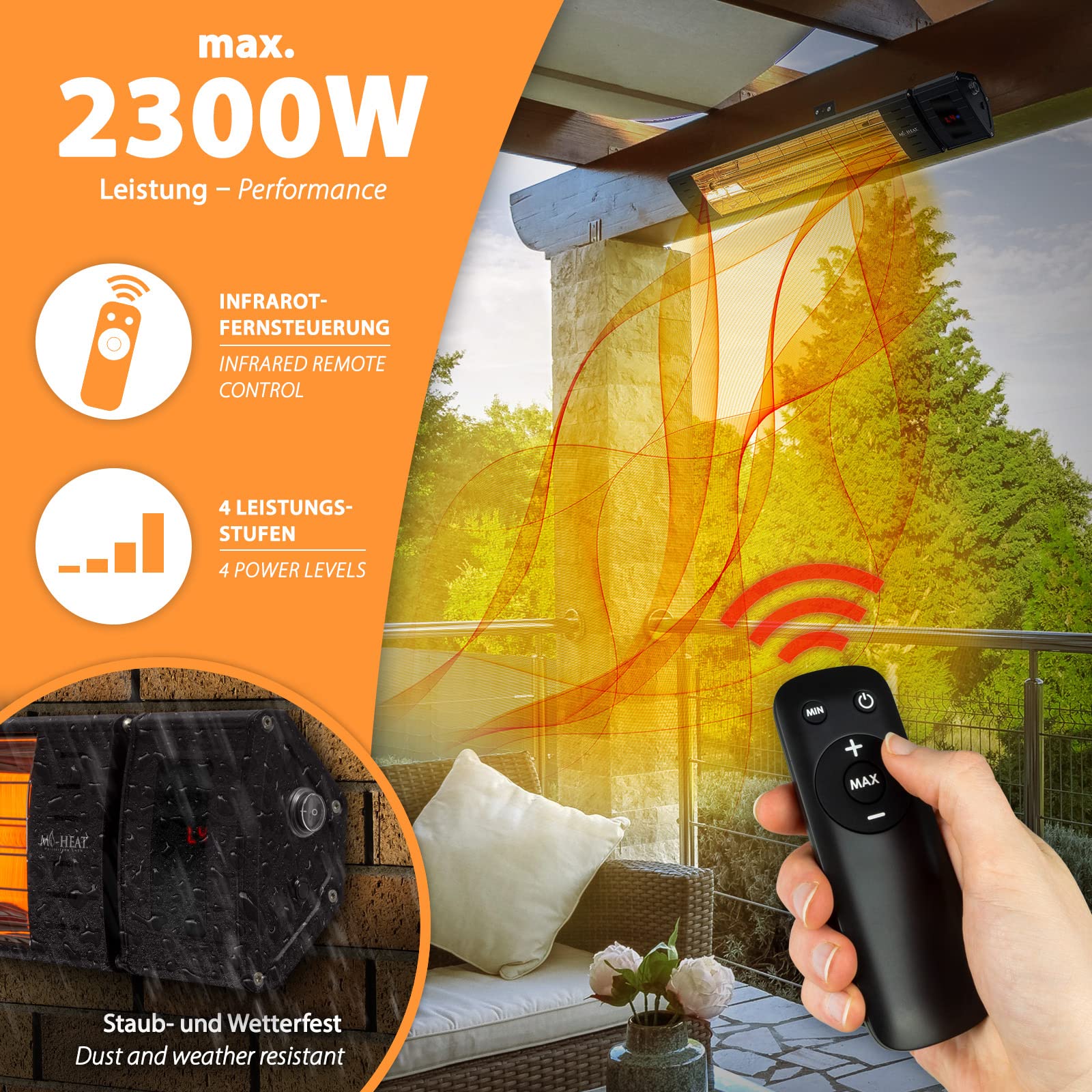 Mi-Heat Promiennik podczerwieni WIH-2300R, 2300 W, 4 stopnie ogrzewania, pilot zdalnego sterowania, metalowa obudowa, IP65 Outdoor