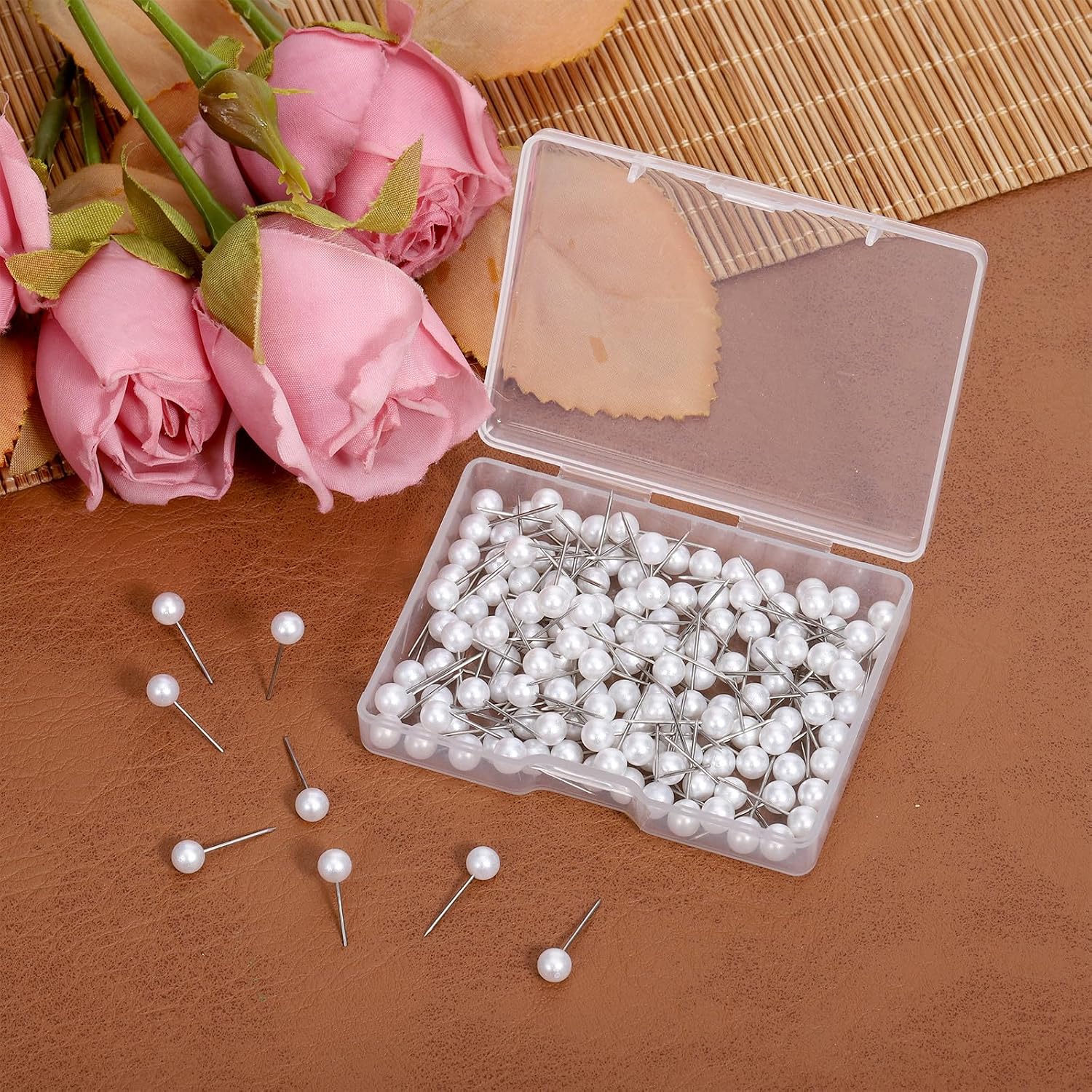 150 PCS Pearl Push Pins, Decorative Pearl Ball Tacks with Plastic Storage Box Round Short Pearls Head Pins Corsage Florists Weddings Sewing Straight Pin for DIY Craft, Photo Wall, Cork Board (White)