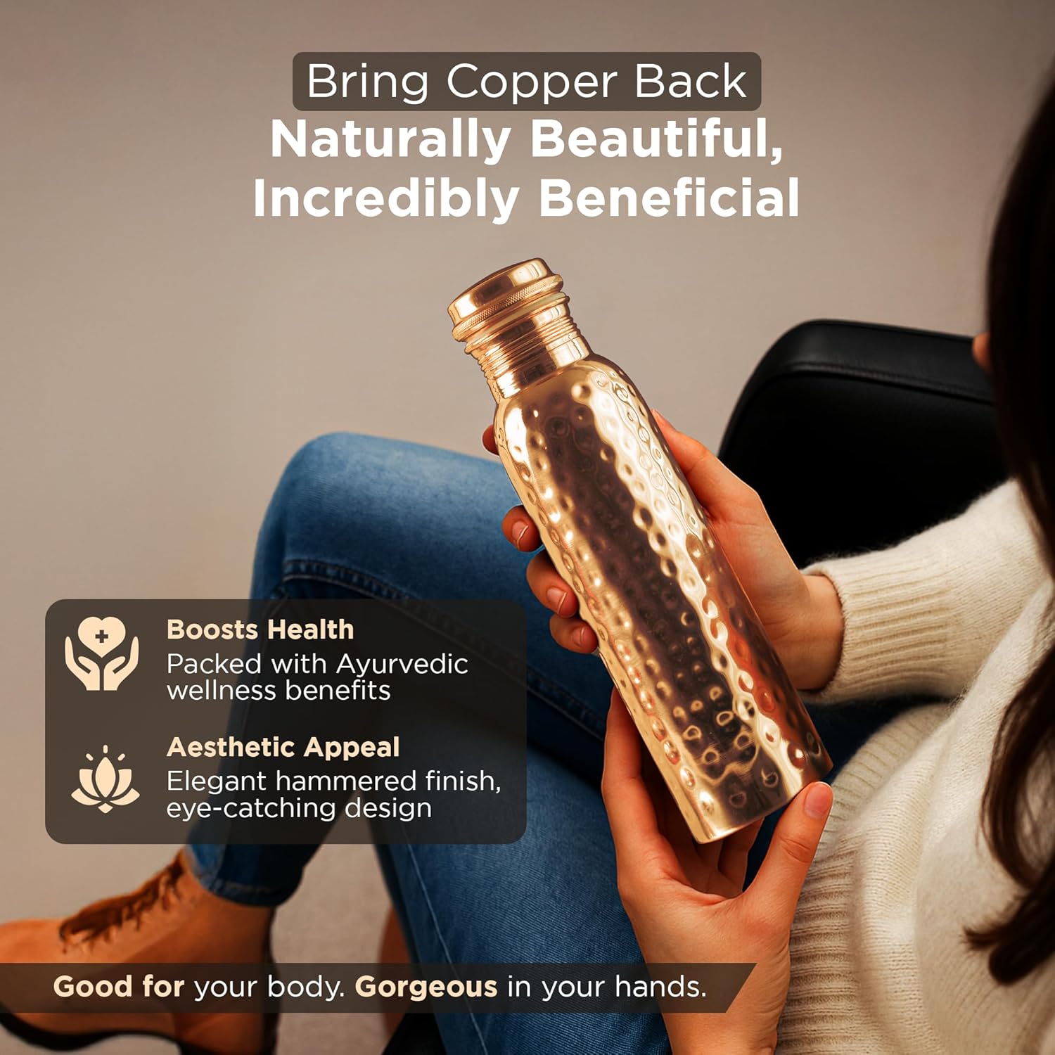 New Launch Copper Water Bottle 34 Ounces | 100% Pure Copper For Ayurveda Health Benifit | Hammered Design Handmade For Drinking Water | Tested Leak Proof Lid - Image 5