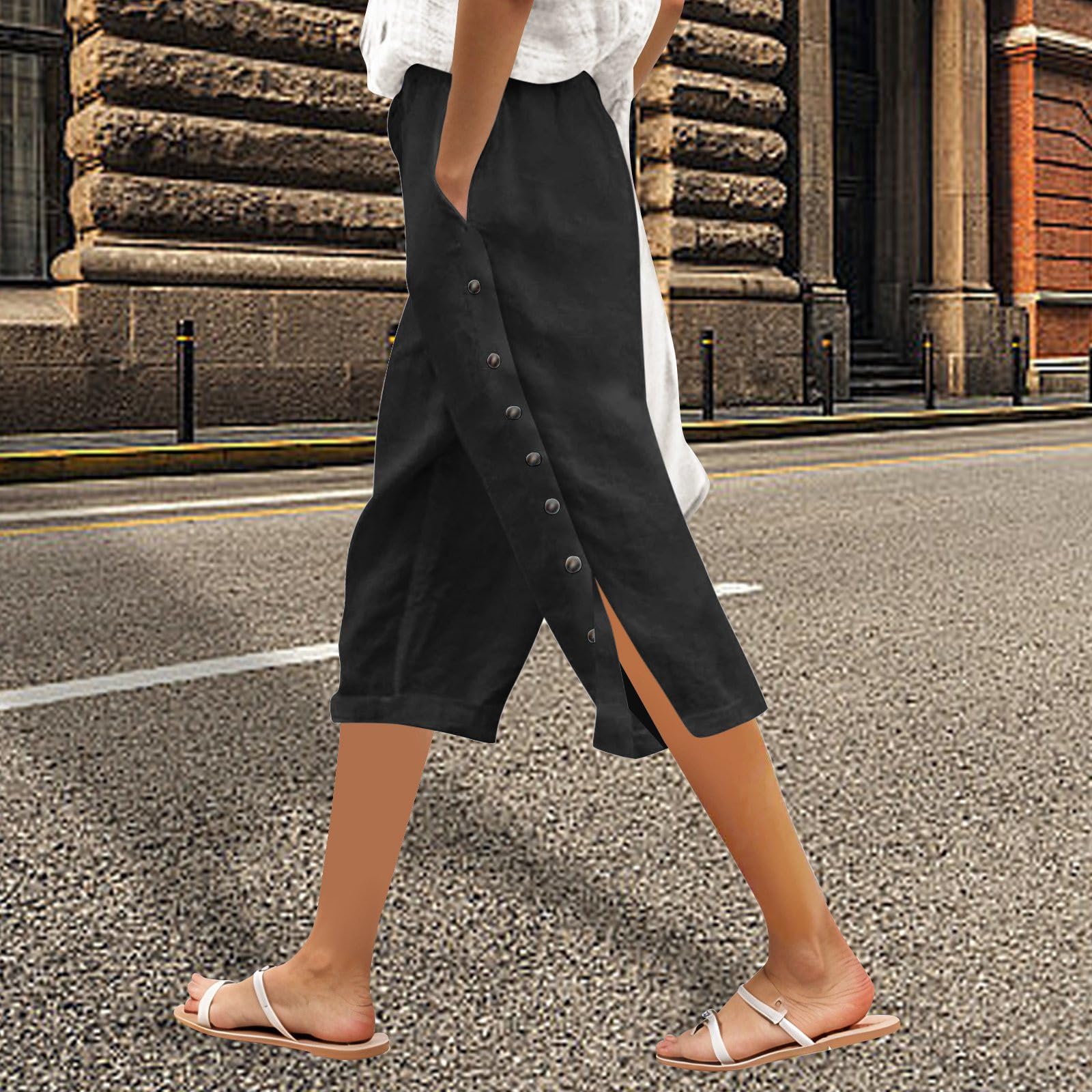 3/4 Reha Hose Damen Seitlich Zu Öffnen, Trainingshose Sporthose Mit Knöpfen Durchgehendem Jogginghose Freizeithose Lang Am Weites Bein Relaxhose Trackpants Baggy Weit Sommer