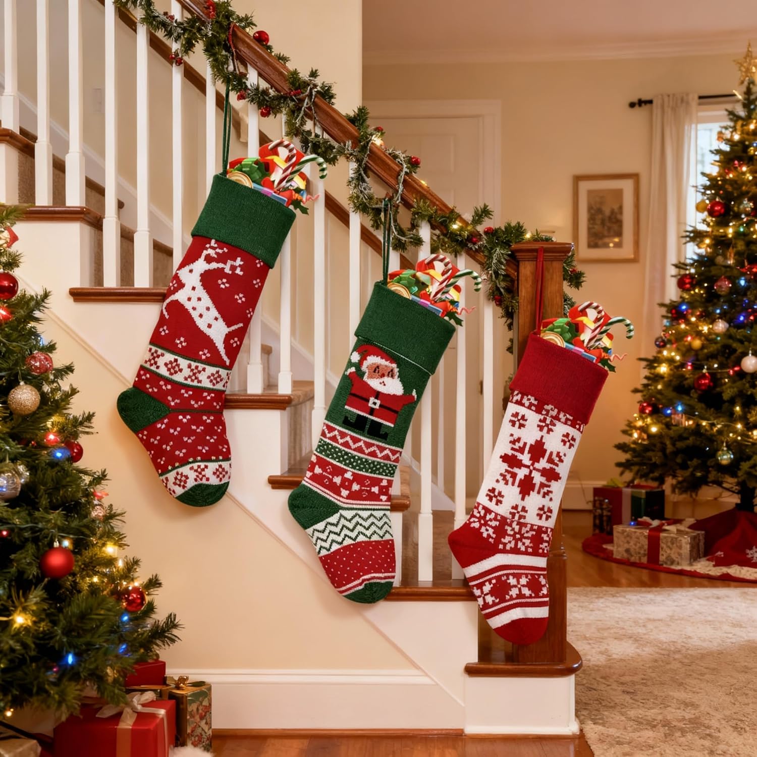 18inches Christmas Stockings, Knitted Holiday Socks, Large Xmas Decoration with Classic Patterns, Hanging Fireplace Mantel Ornament (3, ABC)