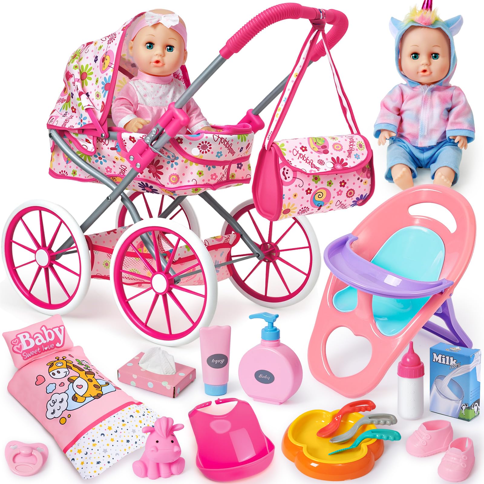 12 in Baby Doll Toys Set with Stroller for 3 4 5 6 Year Old Girl - 26pcs Babydoll with Accessories Quilt Pillow/Highchair/2 Clothes, Feeding Nursing Pretend Play Toddler Girl Toy Gift 3-5-7