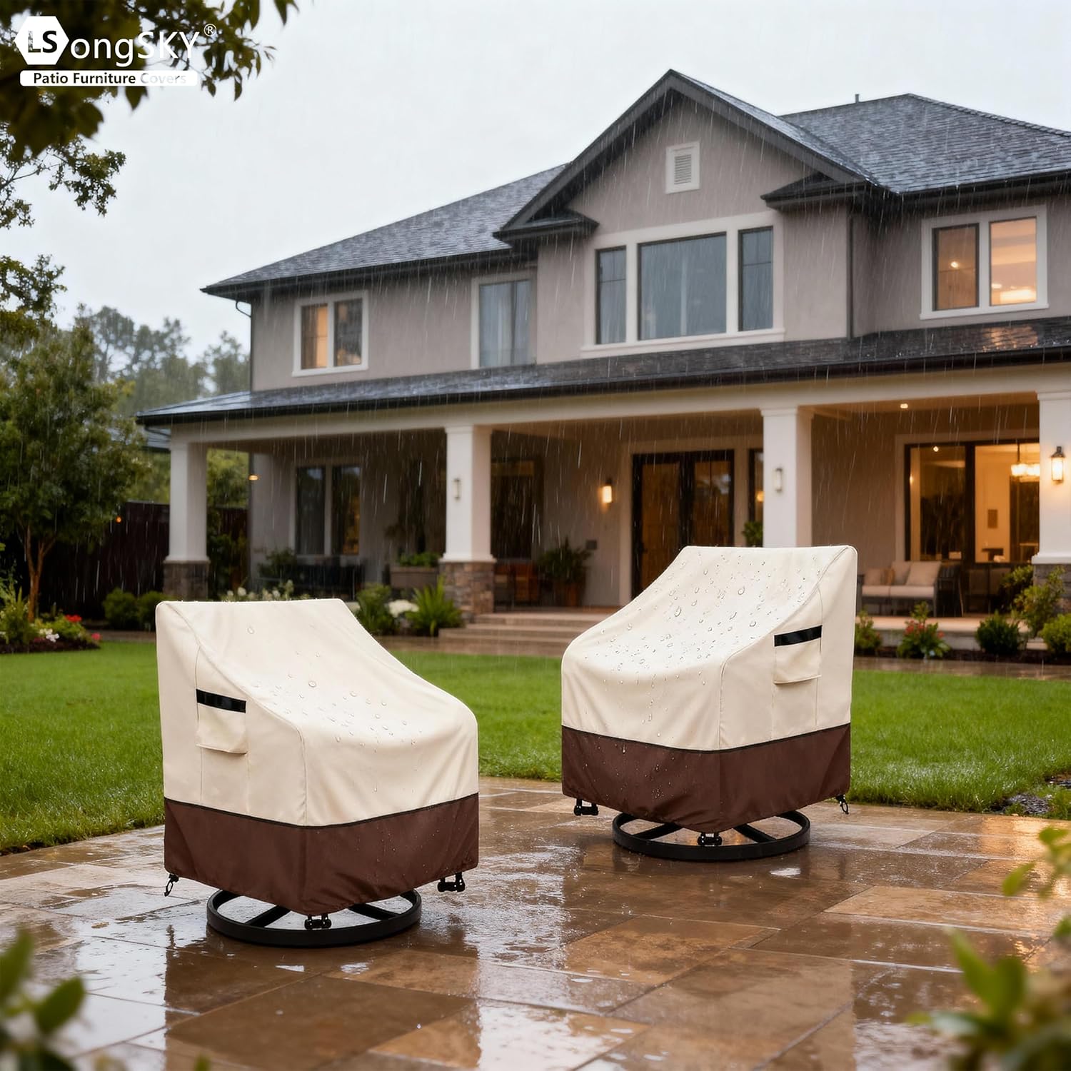 Outdoor Swivel Chair Cover 2 Pack,100% Waterproof Heavy Duty Patio Chair Covers,(33 W x 35 D x 38.5 H inches) Swivel Patio Chair for Outdoor Furniture Covers Waterproof,Beige&Brown