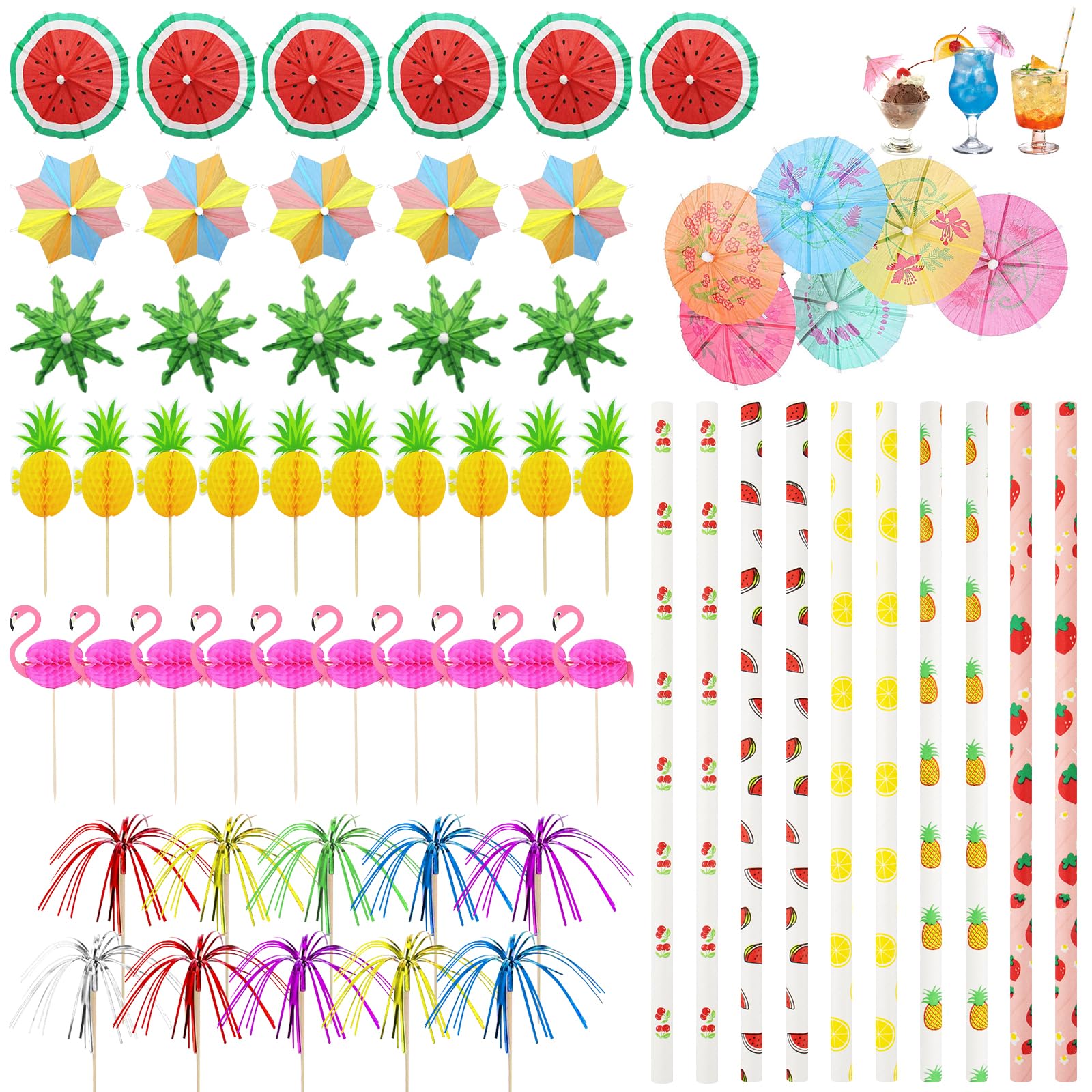 Yuaerbuo 130Pcs Cocktail Accessories for Drinks, Cocktail Umbrellas and Straws Reusable Cocktails Decorating Supplies Drink Decoration for Party Drinks Bar Summer Beach Holiday Celebration