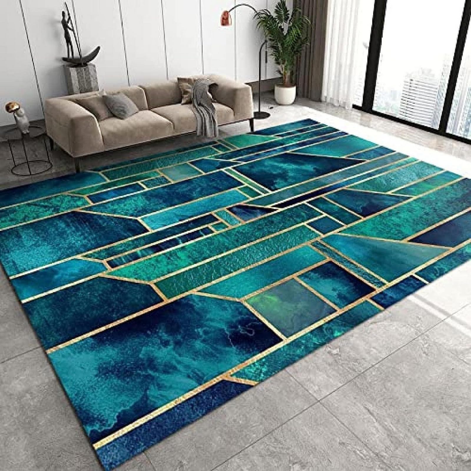 Tapis salon marbre 3D antidérapant et facile à nettoyer en polyester souple