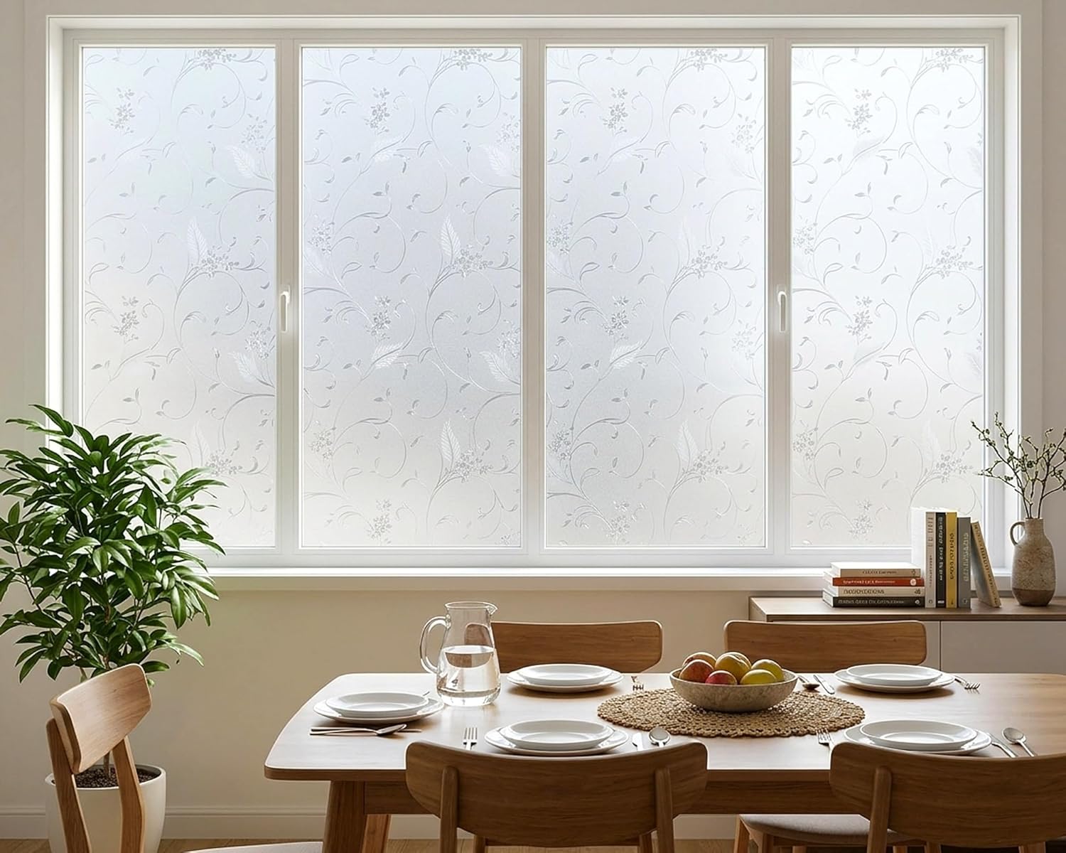 Mikomer Privacy Window Film Etched Flowers Static Cling Glass Door Film, Non Adhesive Heat Control Anti UV Window Cling for Office and Home Decoration,23.6 inches by 78.7 inches