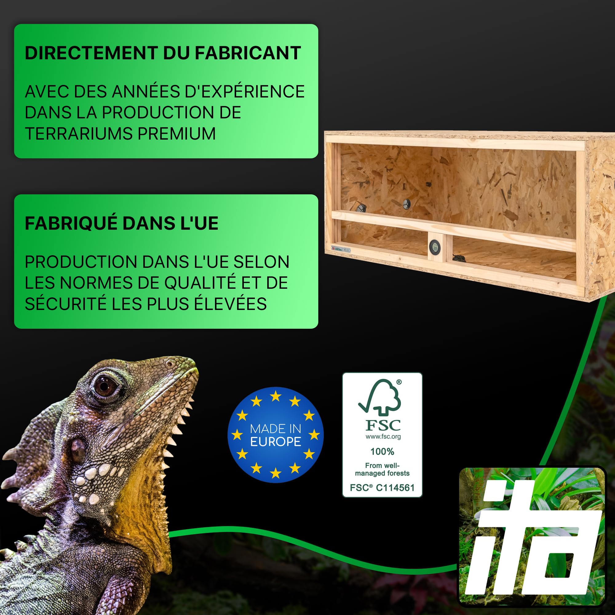 ITA Terrarium Bois 100x50x40 cm avec Ventilation latérale & hygromètre intégré - Terrarium en Bois OSB-3 - pour Reptiles, Serpents, Amphibiens - Produit UE, certifié FSC