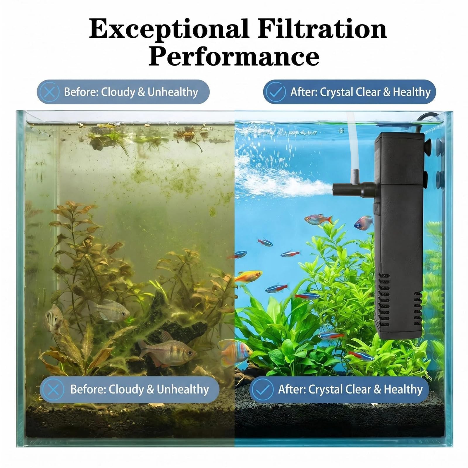 Filtre Intérieur pour Aquarium 20L à 40L – 3 en 1 avec Pompe, Double Filtration, Silencieux et Facile à Installer, Eau Douce et Eau Salée