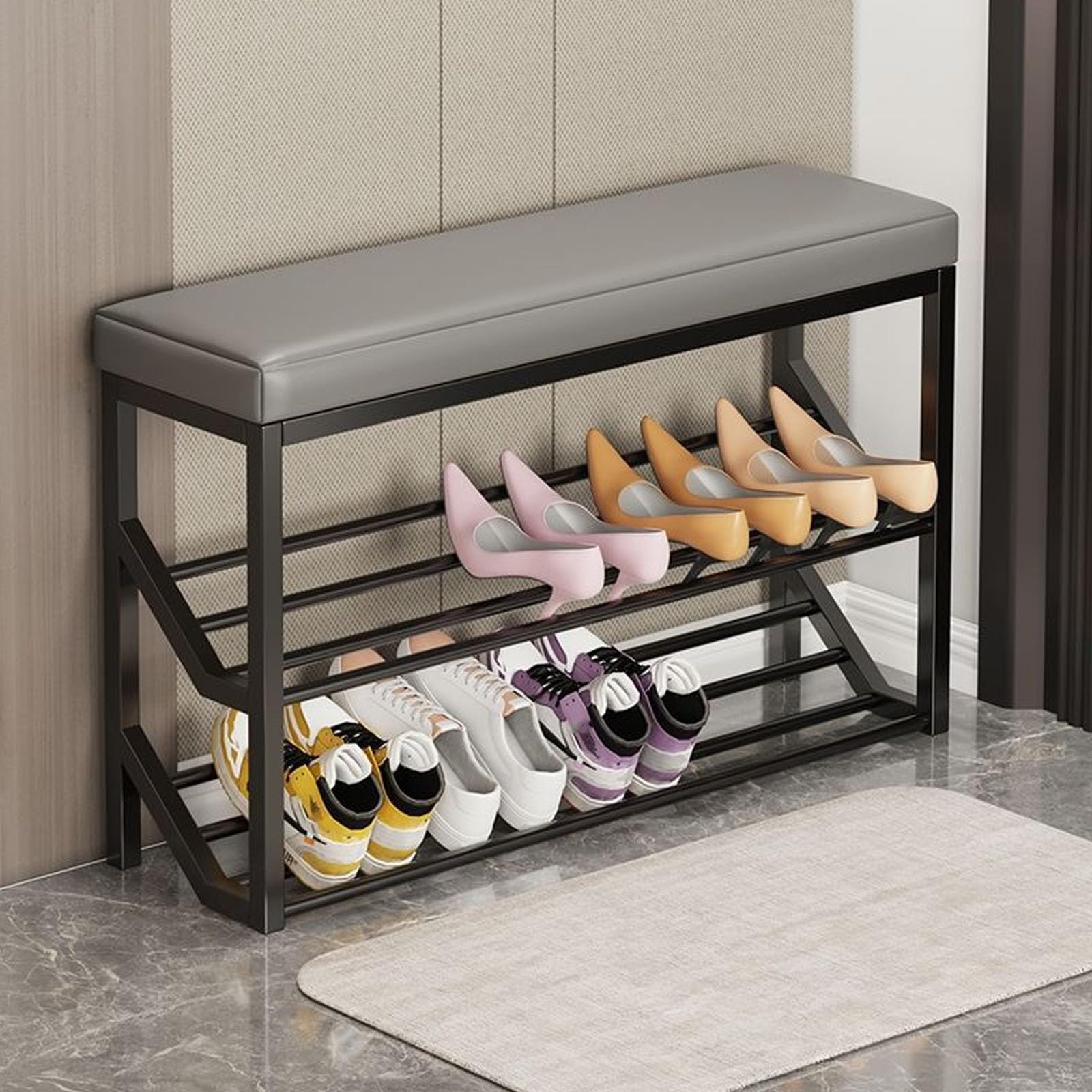 WJFTODAY Industrial 2 Tier Shoe Rack Bench with Seat Metal Storage Shelves for Entryway Stylish for Shoes Black & Gray (Size: 60x20x48cm)